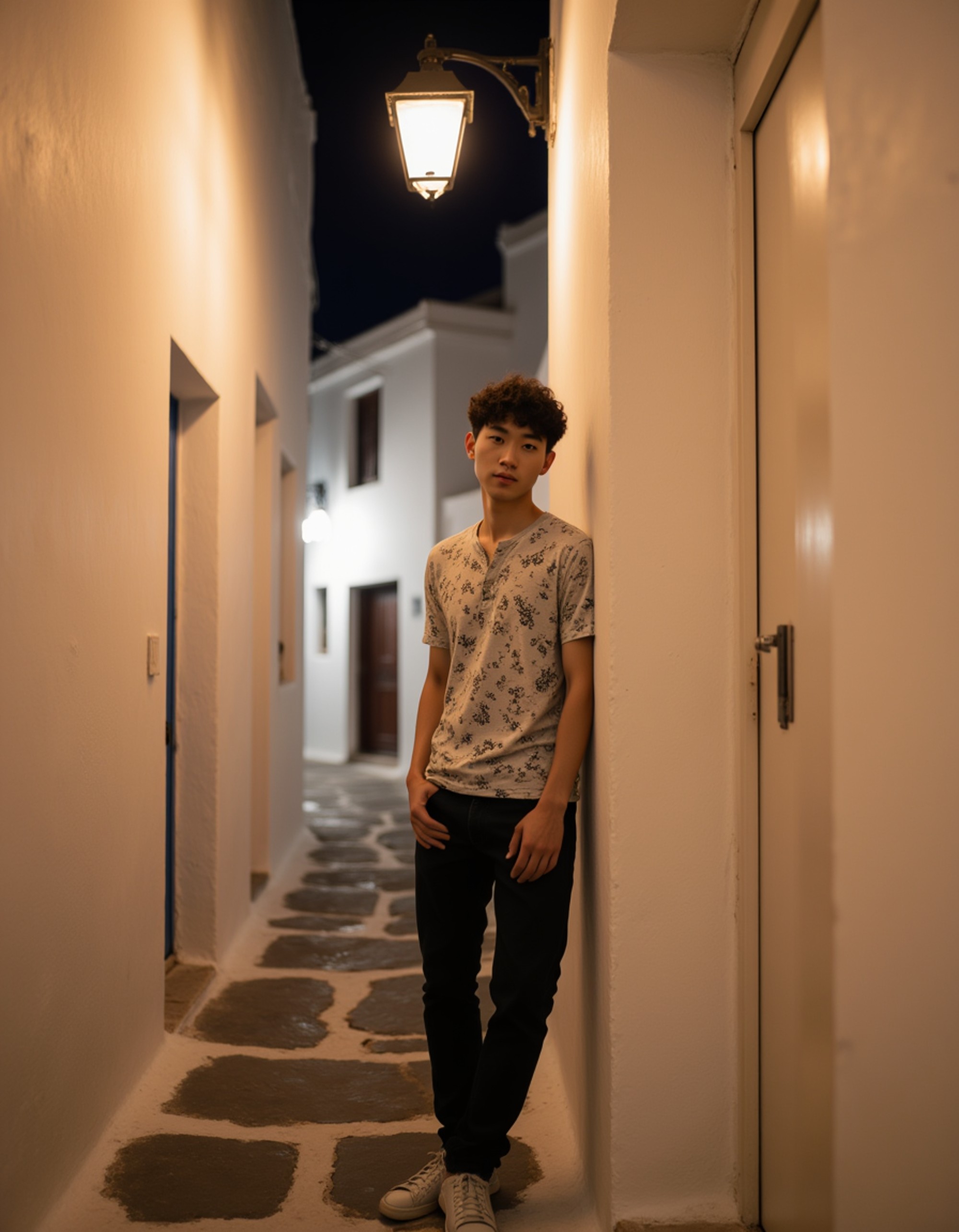 a stylish individual leaning against a classic whitewashed wall in a narrow Chora alleyway, looking directly at the viewer, lit by warm hanging lantern light casting distinct shadows, wearing a cool patterned short-sleeve shirt, capturing the vibe of AI Mykonos Nights Photos