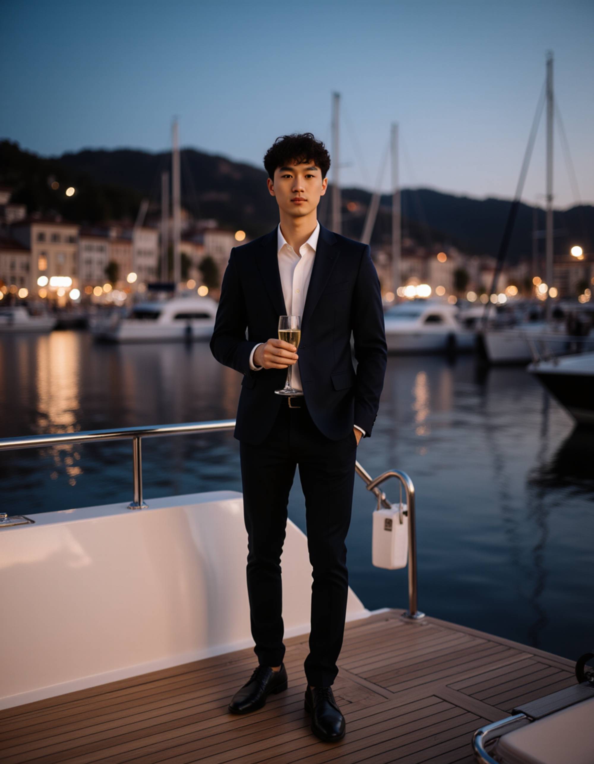 a sharp-dressed figure standing on the teak deck of a luxury yacht moored in the marina, looking towards the camera, harbor lights and the illuminated town forming a vibrant background at dusk, holding a champagne flute