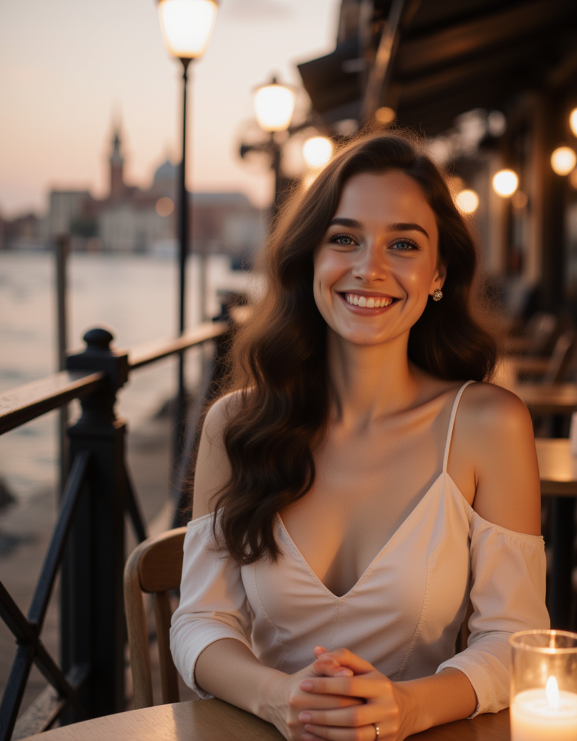 a charismatic subject seated at a waterfront table in Little Venice during twilight, waves crashing gently nearby, warm glow from the taverna lanterns lighting her face as she smiles directly at the camera, wearing an elegant off-the-shoulder maxi dress, high-end travel photography style