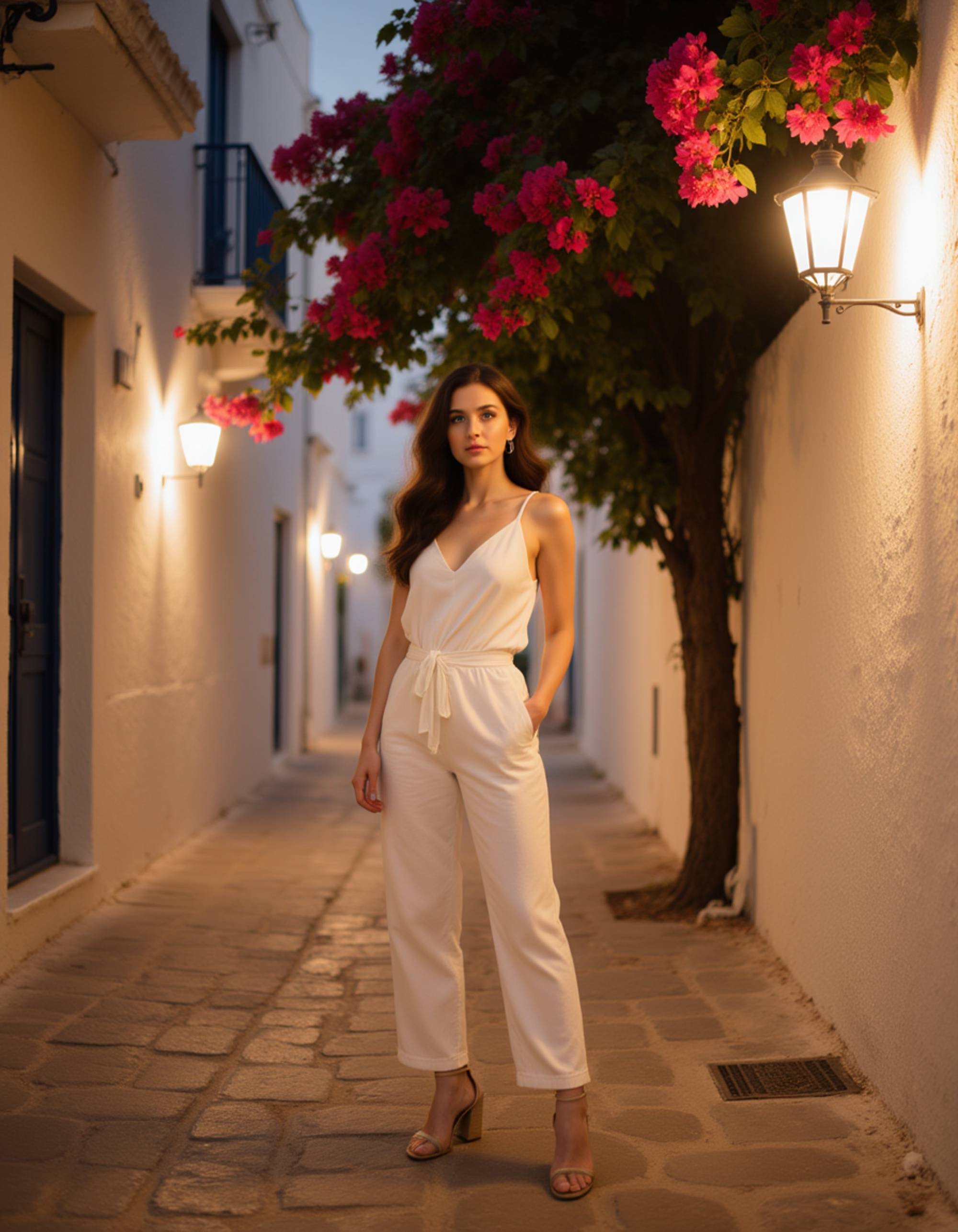 a stylish individual pausing in a narrow, winding cobblestone alleyway in Chora town at night, lit by warm hanging lights casting distinct shadows against whitewashed walls, turning to face the lens with a relaxed expression, wearing a chic white linen jumpsuit contrasting against vibrant bougainvillea flowers