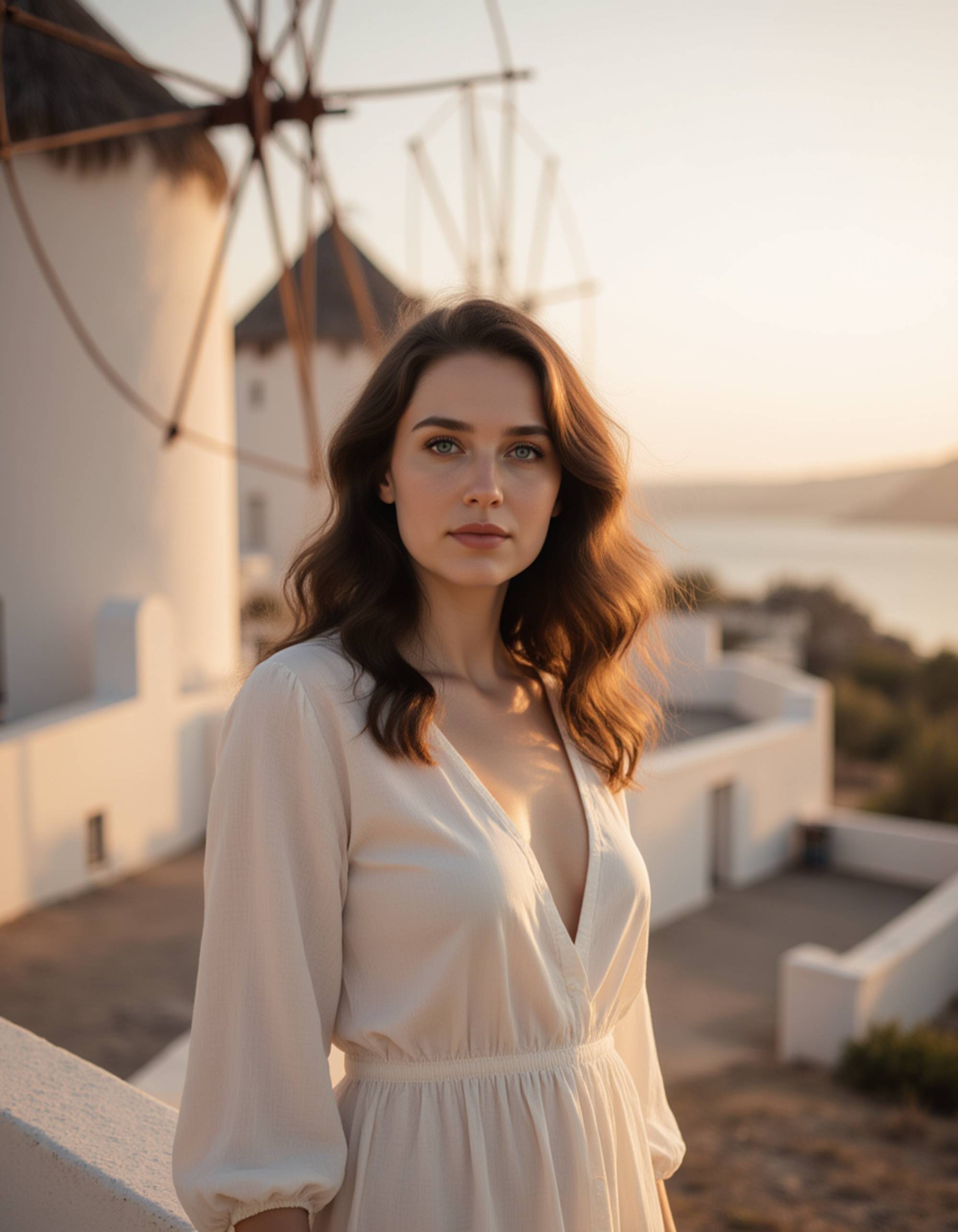 a captivating portrait of a woman standing near the iconic Mykonos windmills as golden hour transitions to deep blue night, warm light hitting her face as she looks at the viewer, wind gently blowing her hair, wearing a flowing bohemian resort look