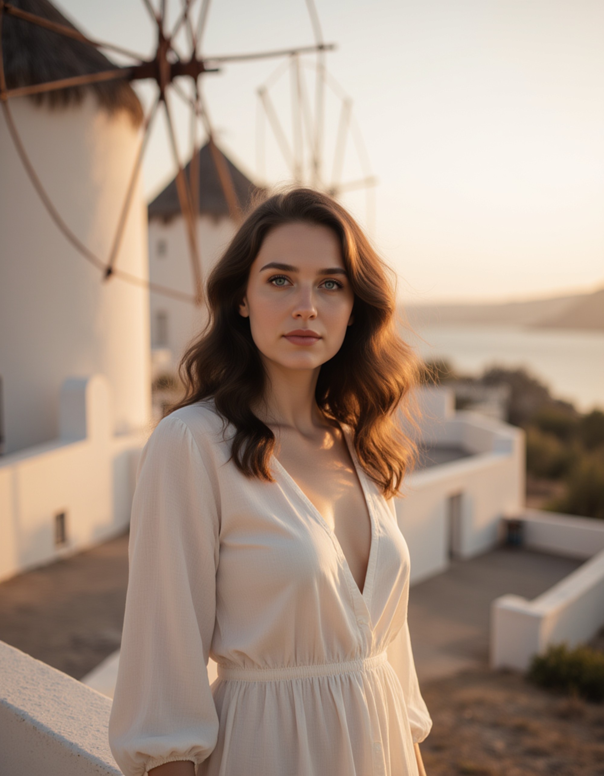 a captivating portrait of a woman standing near the iconic Mykonos windmills as golden hour transitions to deep blue night, warm light hitting her face as she looks at the viewer, wind gently blowing her hair, wearing a flowing bohemian resort look