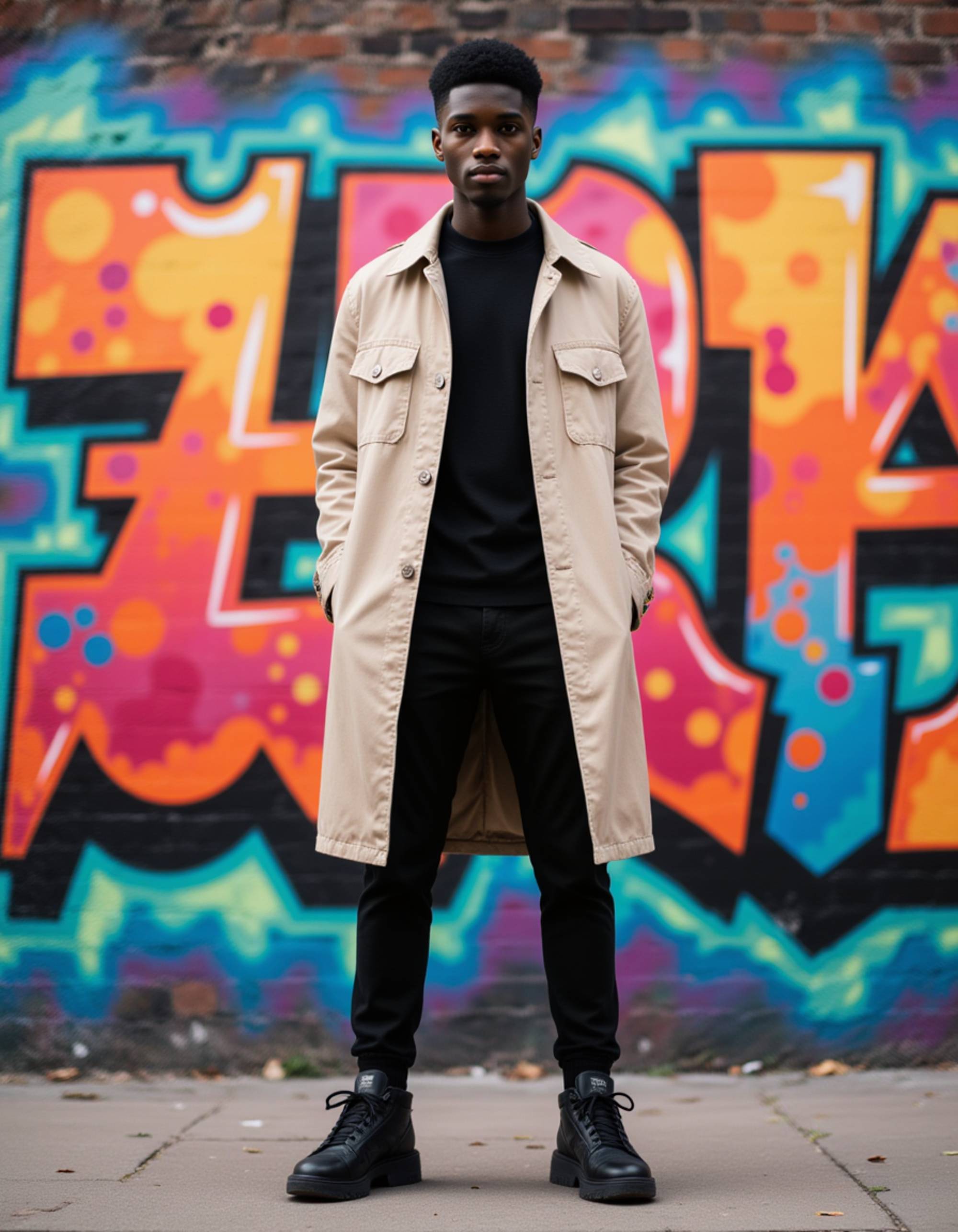 An edgy model posing directly in front of colorful large-scale street art in Shoreditch, London, wearing an oversized designer trench coat paired with streetwear staples and chunky sneakers, looking at the lens with gritty urban textures in the background