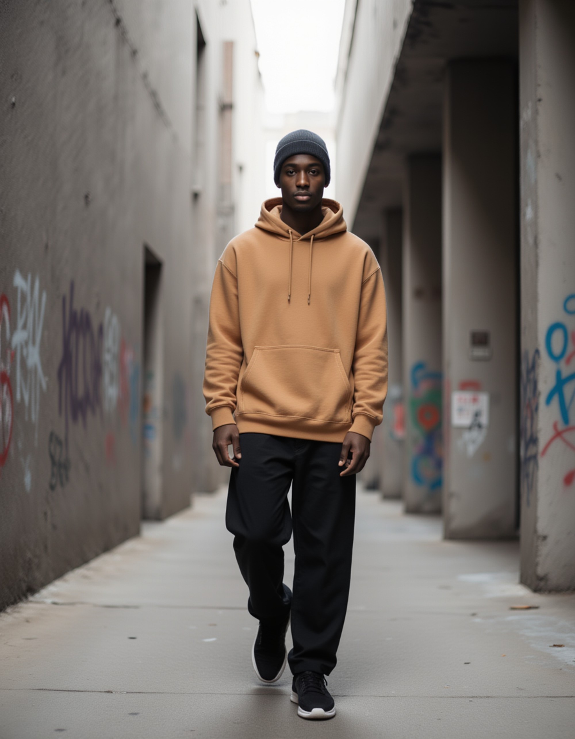 A modern model walking past concrete brutalist architecture in Berlin, wearing an oversized earth-toned hoodie, wide-leg trousers, and a beanie, looking directly at the camera, industrial urban backdrop with graffiti tags and film grain texture