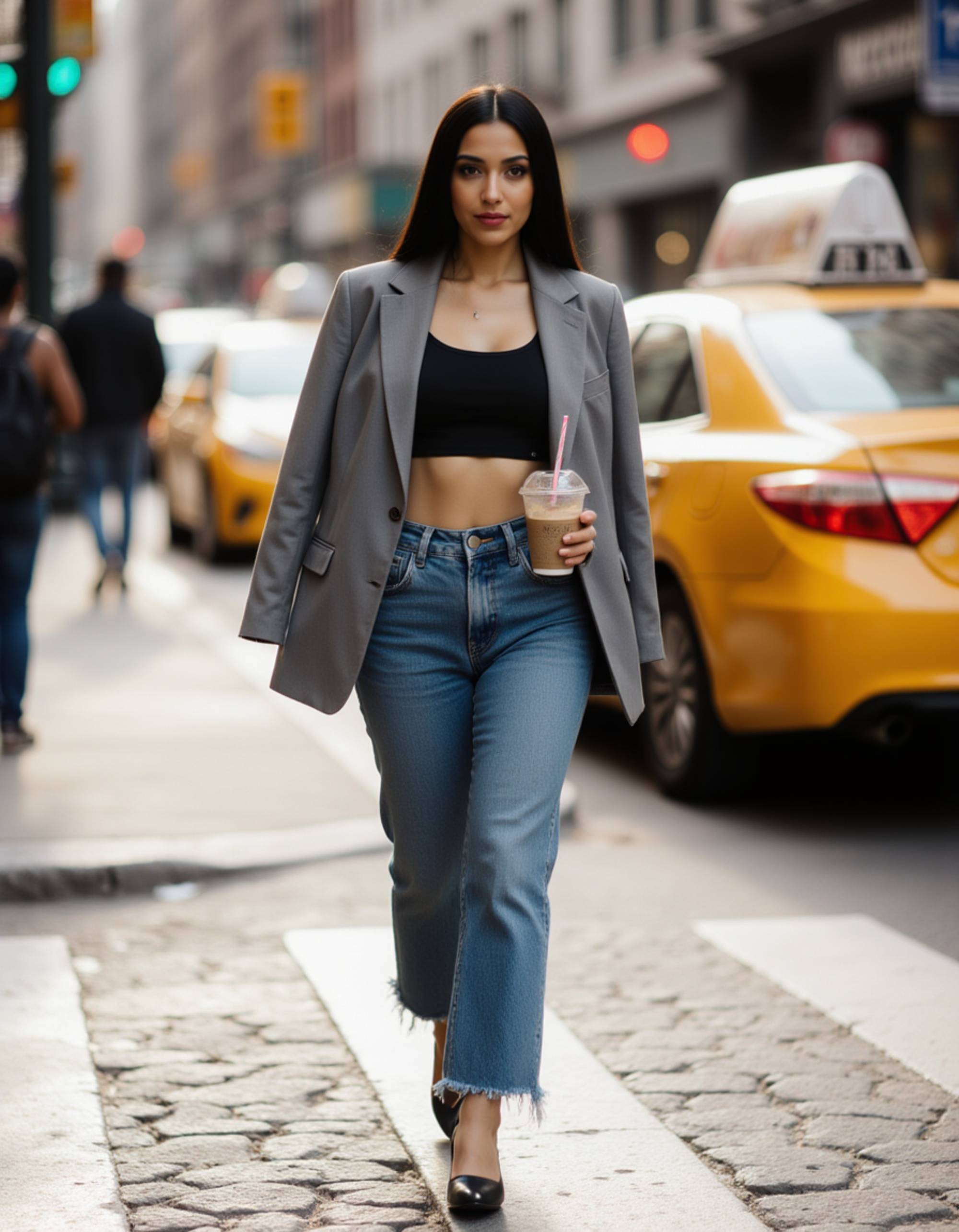 A stylish model caught mid-stride crossing a cobblestone street in New York's Soho neighborhood, wearing an oversized vintage blazer over a crop top and loose-fitting denim jeans, holding an iced coffee and looking towards the camera, a blurred yellow taxi in the background under bright daylight