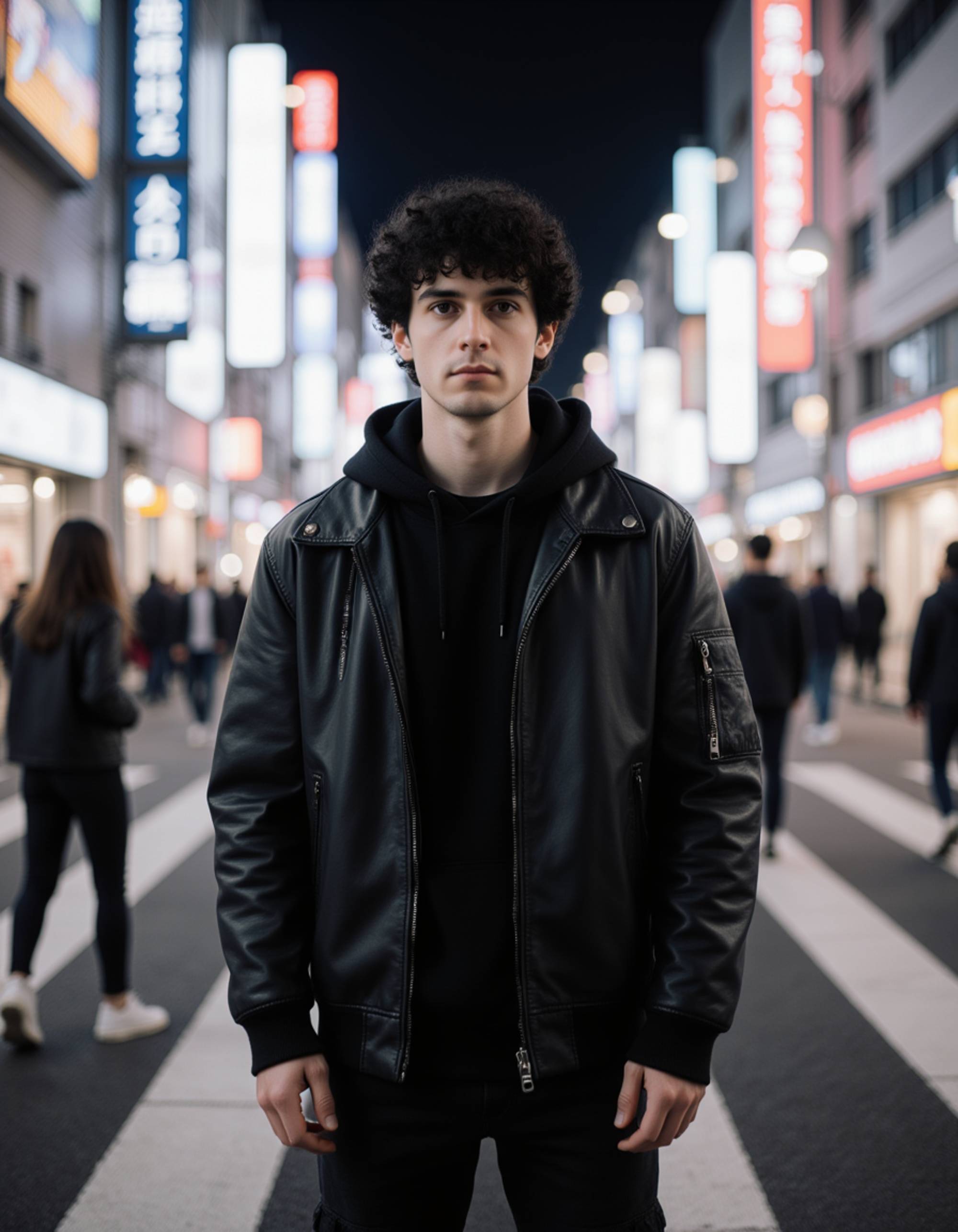 An edgy model standing in the middle of a busy Shibuya crossing in Tokyo at night, surrounded by blurred pedestrians, wearing a layered black techwear outfit with straps and cargo details, looking directly into the lens as neon signs reflect off wet pavement, futuristic urban vibe