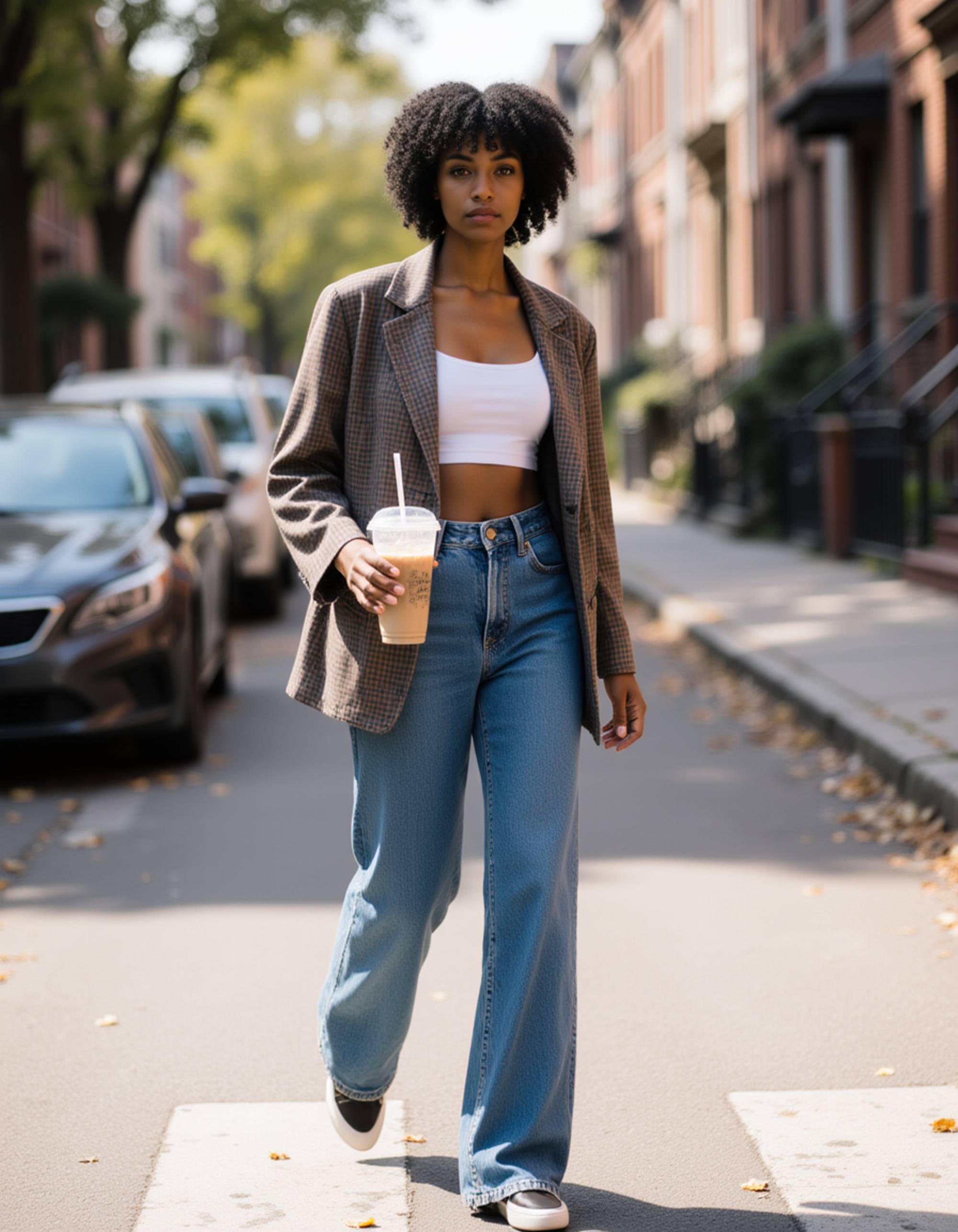 A stylish model caught mid-stride crossing a street in Brooklyn's residential neighborhood lined with classic brownstones, wearing an oversized vintage blazer over a crop top and loose-fitting denim jeans, holding an iced coffee and looking towards the camera, bright daylight, capturing the energy of AI Street Style Photos
