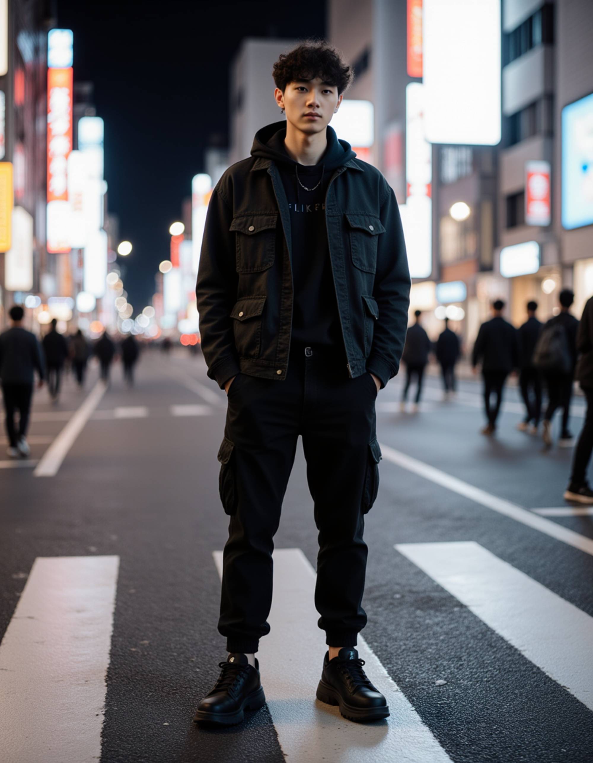An edgy model standing mid-crossing in Tokyo's Shinjuku district at night, wearing a layered all-black techwear outfit with straps, cargo details, and futuristic sneakers, looking intently at the camera, neon signs reflecting on wet pavement amid blurred crowds, capturing the energy of AI Street Style Photos