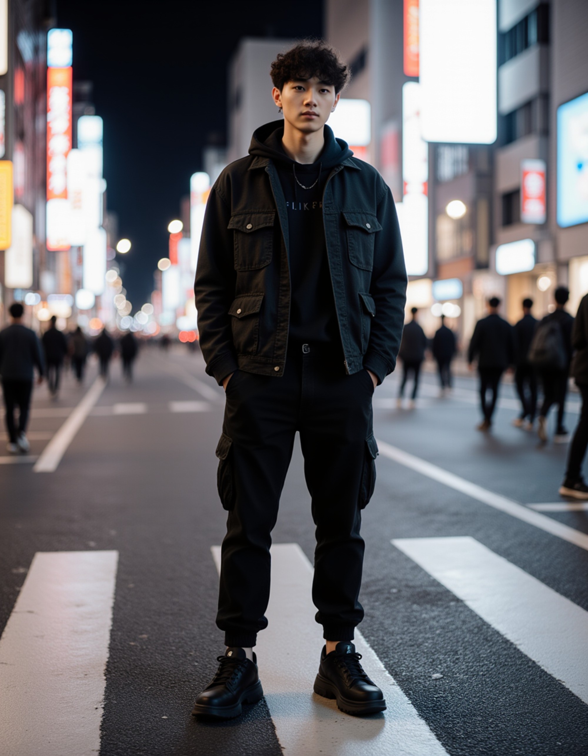 An edgy model standing mid-crossing in Tokyo's Shinjuku district at night, wearing a layered all-black techwear outfit with straps, cargo details, and futuristic sneakers, looking intently at the camera, neon signs reflecting on wet pavement amid blurred crowds, capturing the energy of AI Street Style Photos