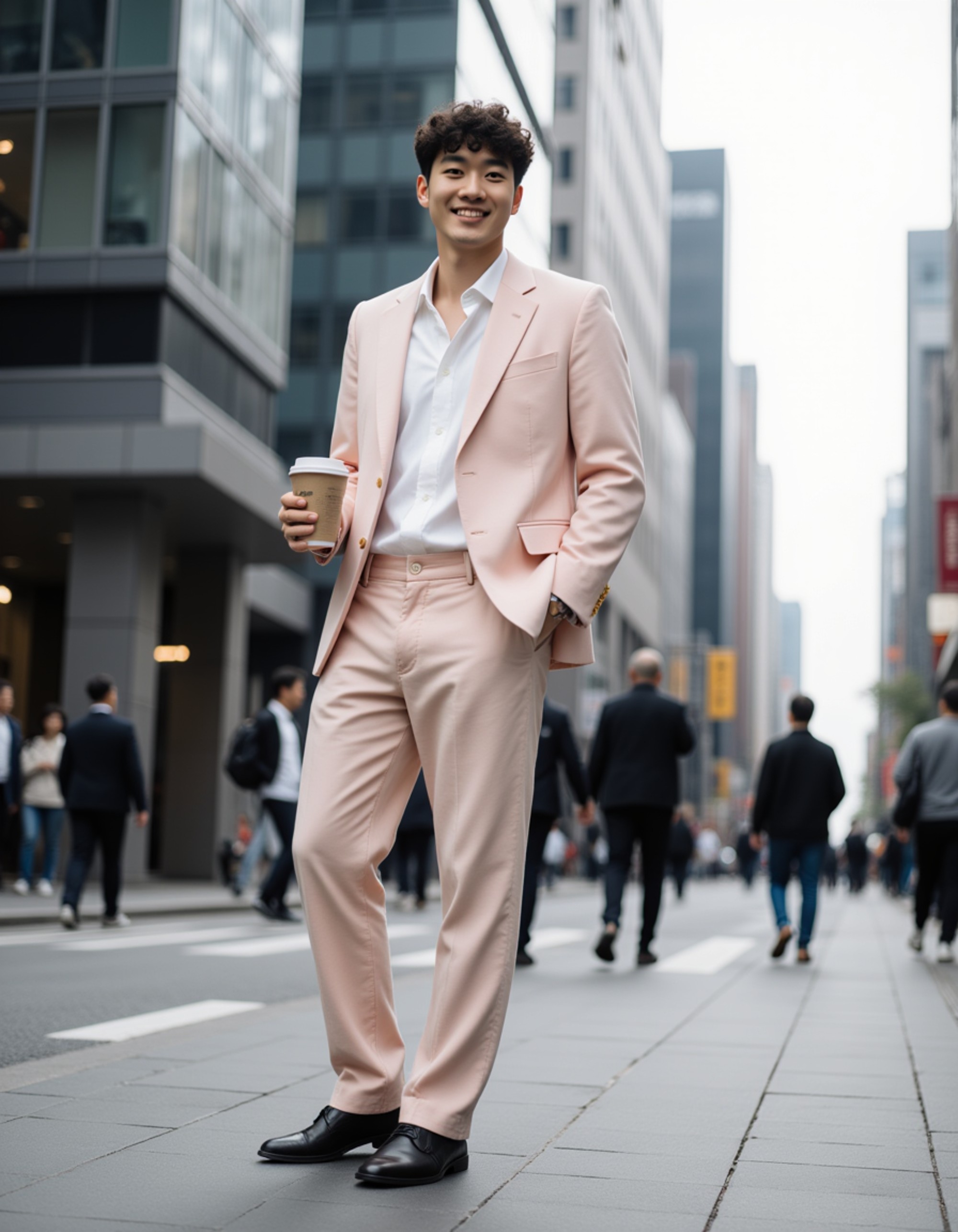 A fashion-forward model posing on a busy street in Seoul's Gangnam district, wearing an oversized pastel blazer and wide-leg trousers, holding a takeaway coffee and smiling slightly at the camera, modern glass architecture and busy pedestrians in the background
