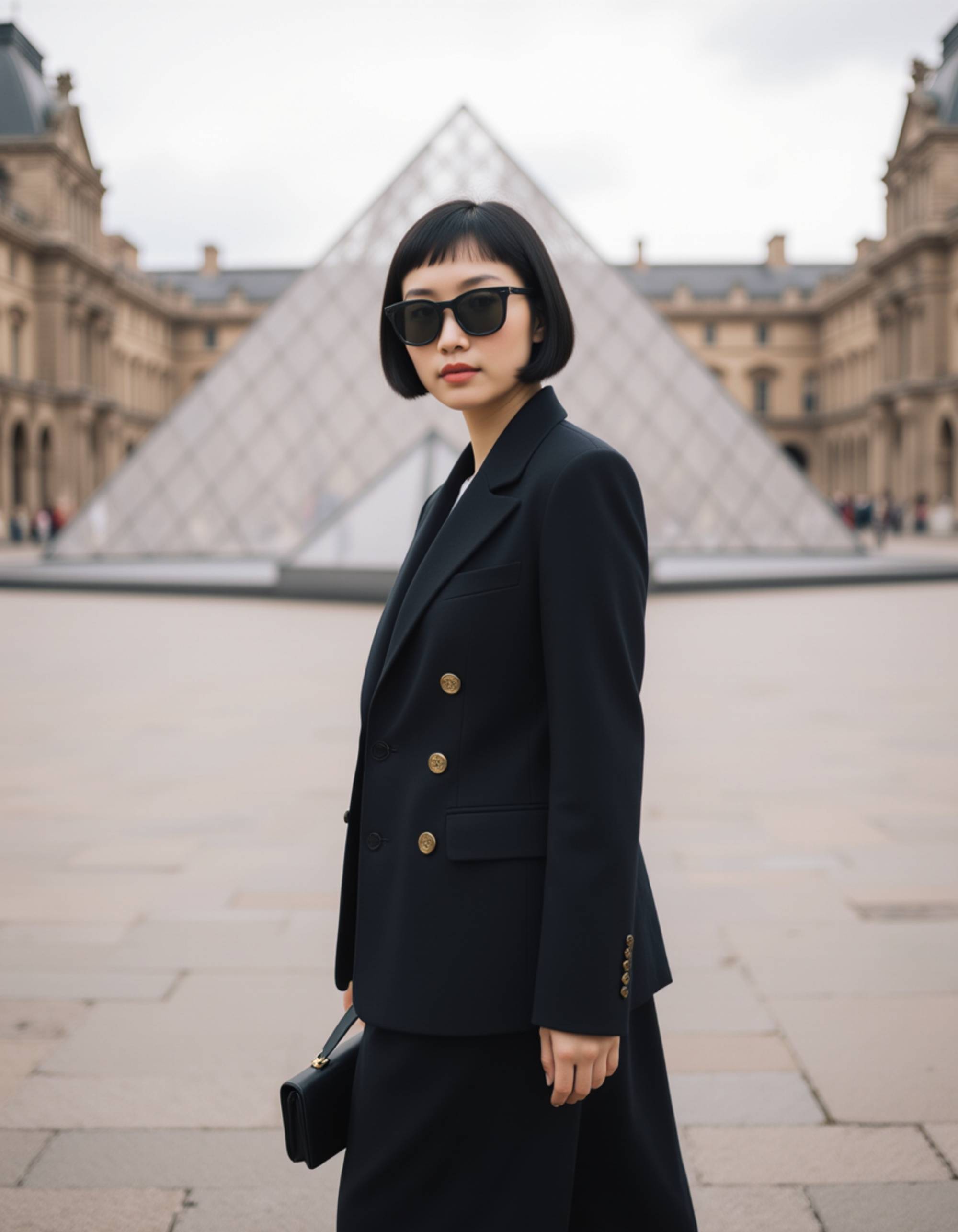 An effortlessly chic model posing in the Cour Napoléon of the Louvre in Paris, with the iconic glass pyramid structure directly behind her. She wears a monochrome tailored suit with statement sunglasses (eyes visible over the rim) looking at the lens, surrounded by the historic palace architecture, capturing the essence of AI Street Style Photos.