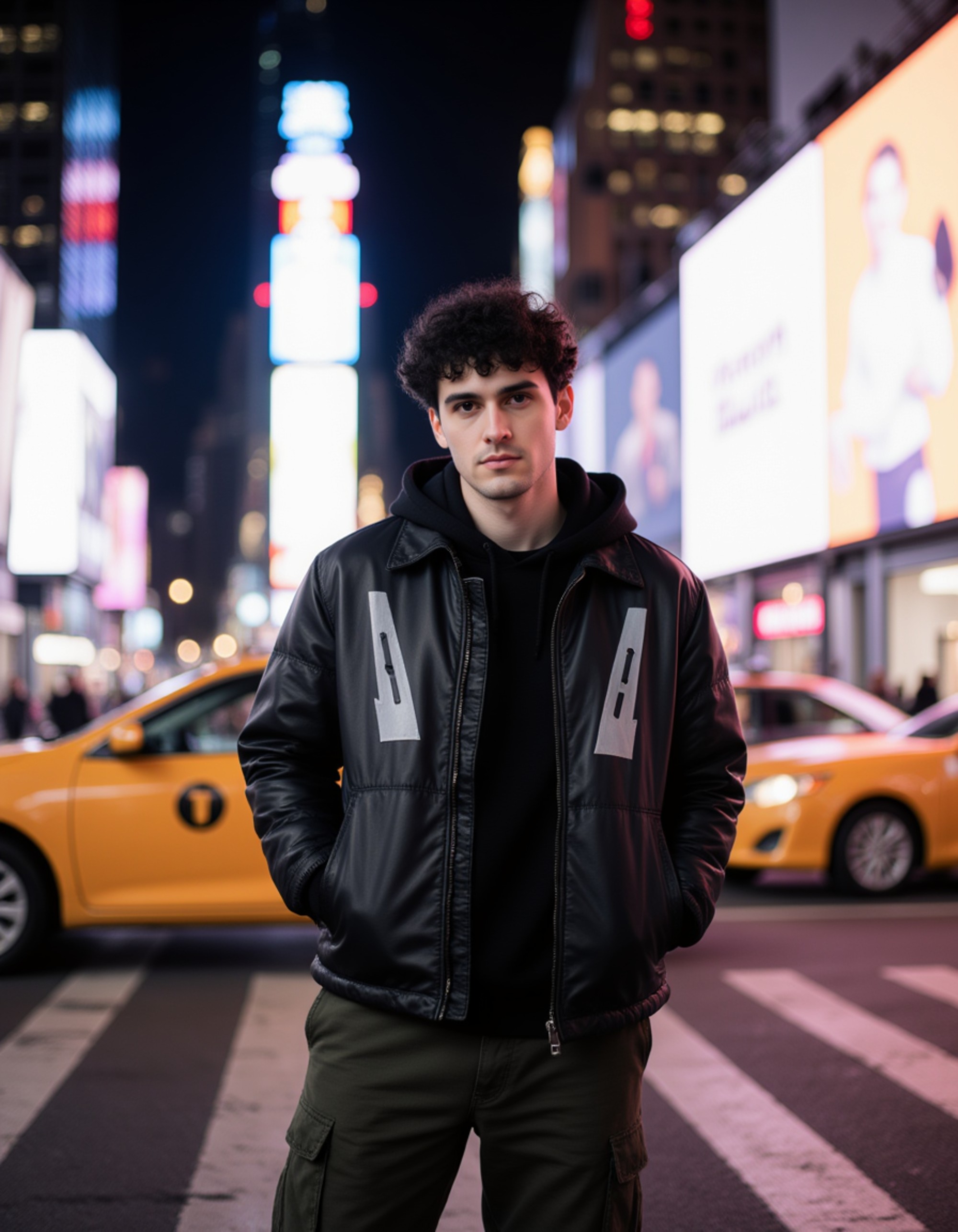 A stylish model caught mid-action in the center of Times Square, NYC at night, wearing a layered streetwear outfit with a reflective puffer jacket and cargo pants. He is looking intently at the camera. The background is a chaotic blur of bright LED screens, neon advertisements, and yellow taxis, capturing the high energy of AI Street Style Photos.