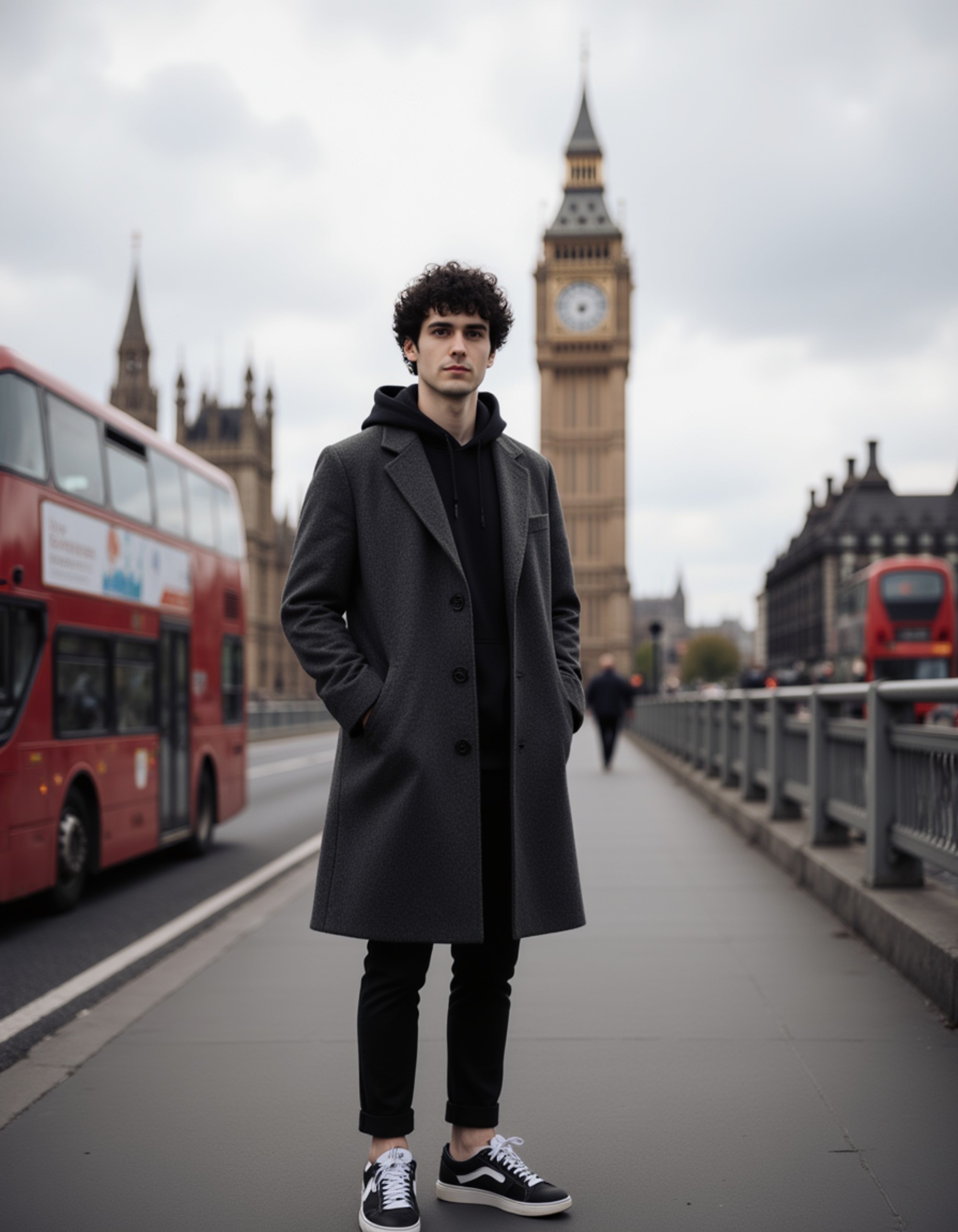 A sophisticated model pausing on Westminster Bridge in London, with the iconic Big Ben and Houses of Parliament tower in the background under a moody grey sky. He wears a tailored wool overcoat mixed with a hoodie and chunky designer sneakers, looking directly into the lens as red double-decker buses pass by.