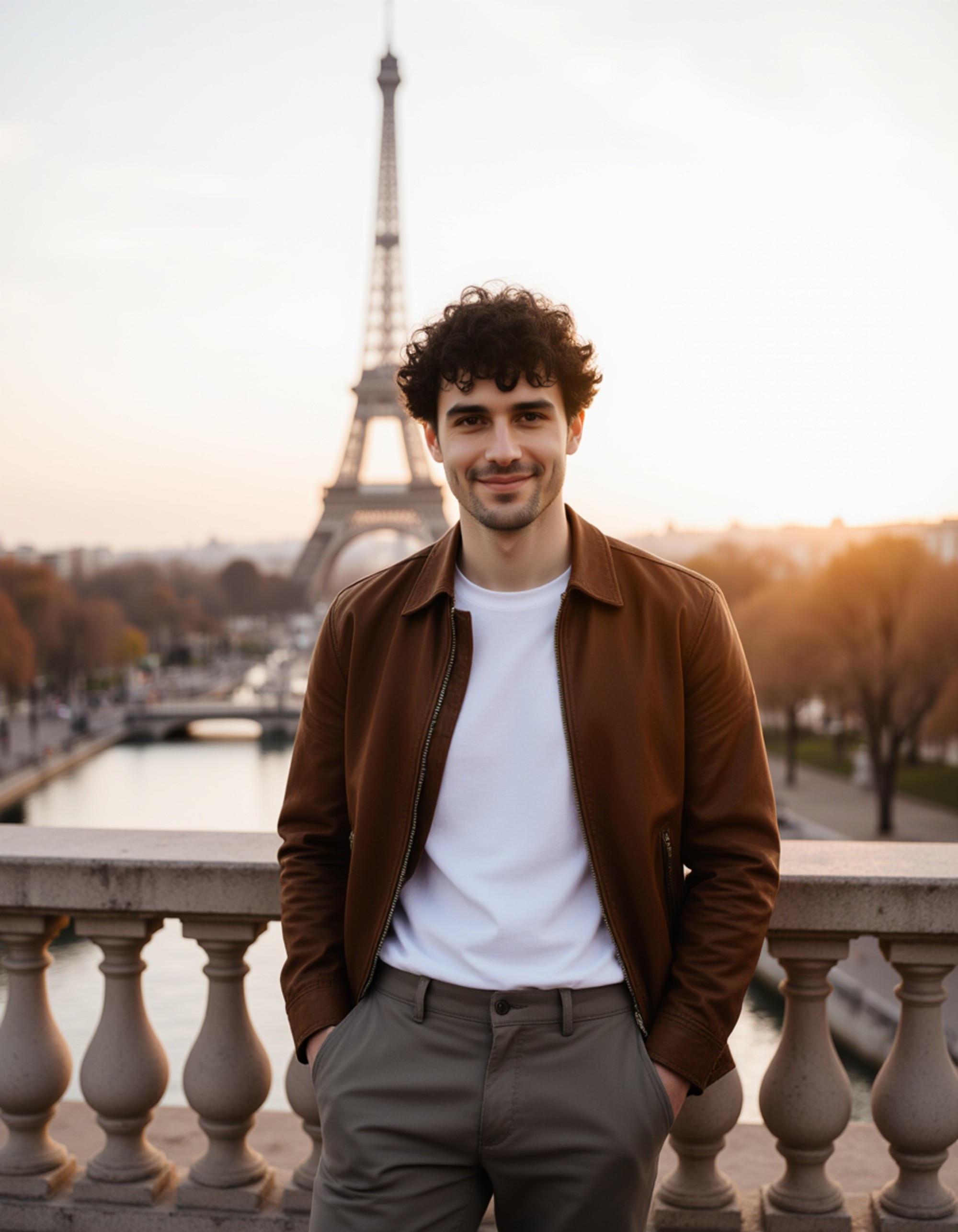 An effortlessly chic model leaning against a stone balustrade at Trocadéro, with a full view of the Eiffel Tower in Paris directly behind him during golden hour. He wears a relaxed suede jacket, a crisp white t-shirt, and tailored trousers, smiling slightly at the camera.