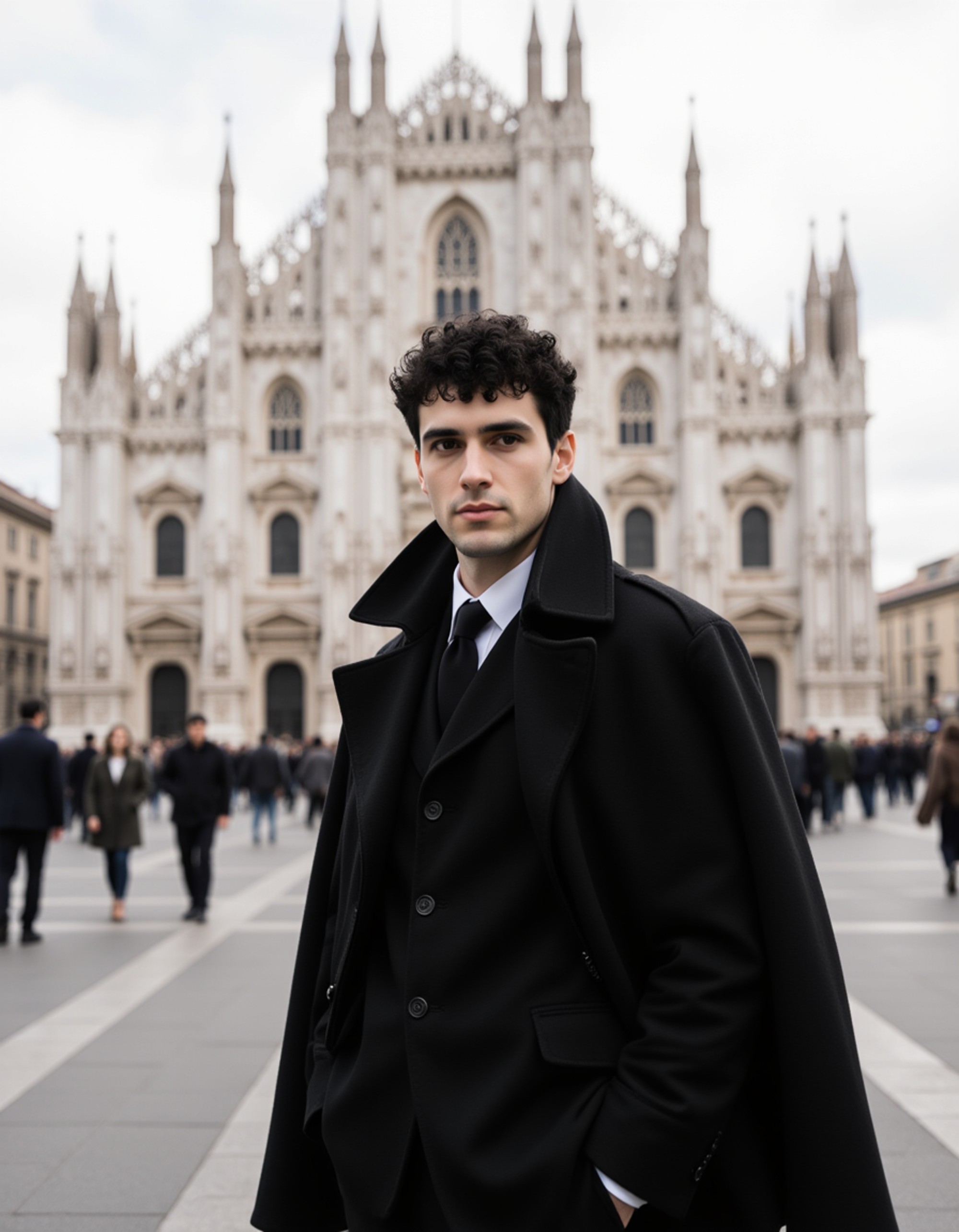 A fashion-forward model posing in the Piazza del Duomo in Milan, with the intricate gothic facade of the cathedral filling the background. He wears a bold, structured designer suit with an oversized coat draped over his shoulders, looking confidently at the camera amidst the crowd.