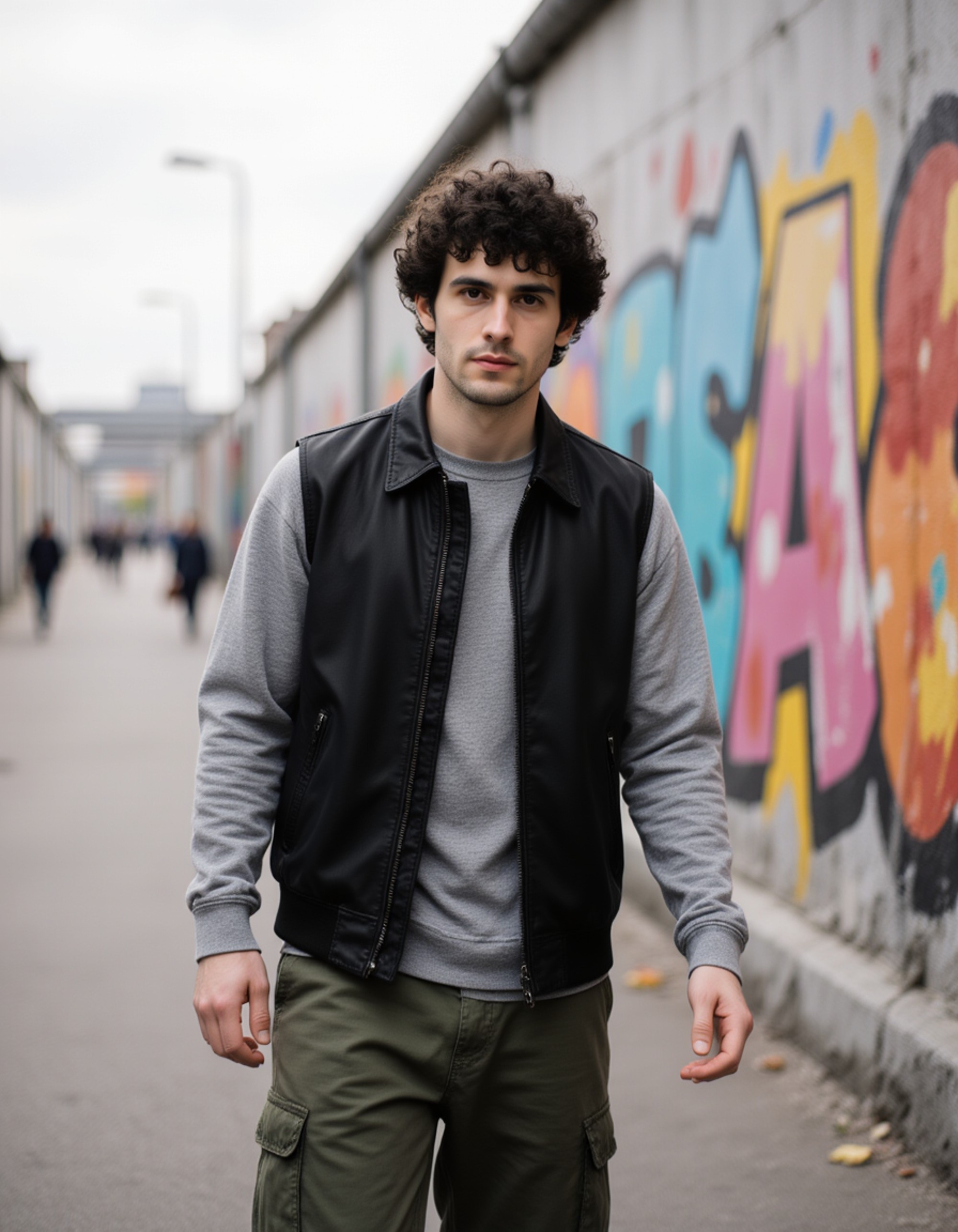 A trendy model caught walking past the colorful East Side Gallery Berlin wall art, wearing a technical streetwear vest over a long sleeve shirt and baggy cargo trousers, looking at the camera, urban gritty vibe.
