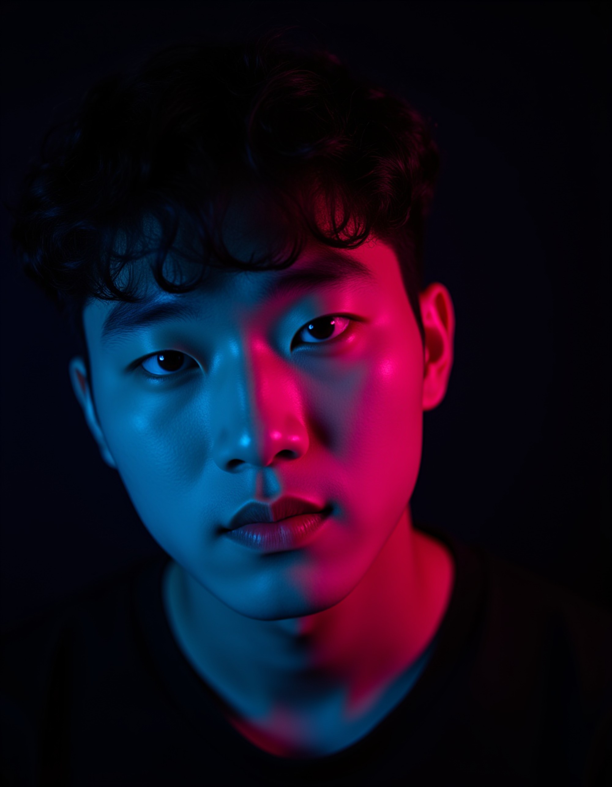 Close-up portrait of a man with sharp jawline, lit by contrasting cyan and magenta gels from opposite sides, creating a vibrant split-tone effect across his face. He gazes directly at camera with an intense, confident expression. Dark minimal background. Cinematic depth, modern editorial style with RGB color grading