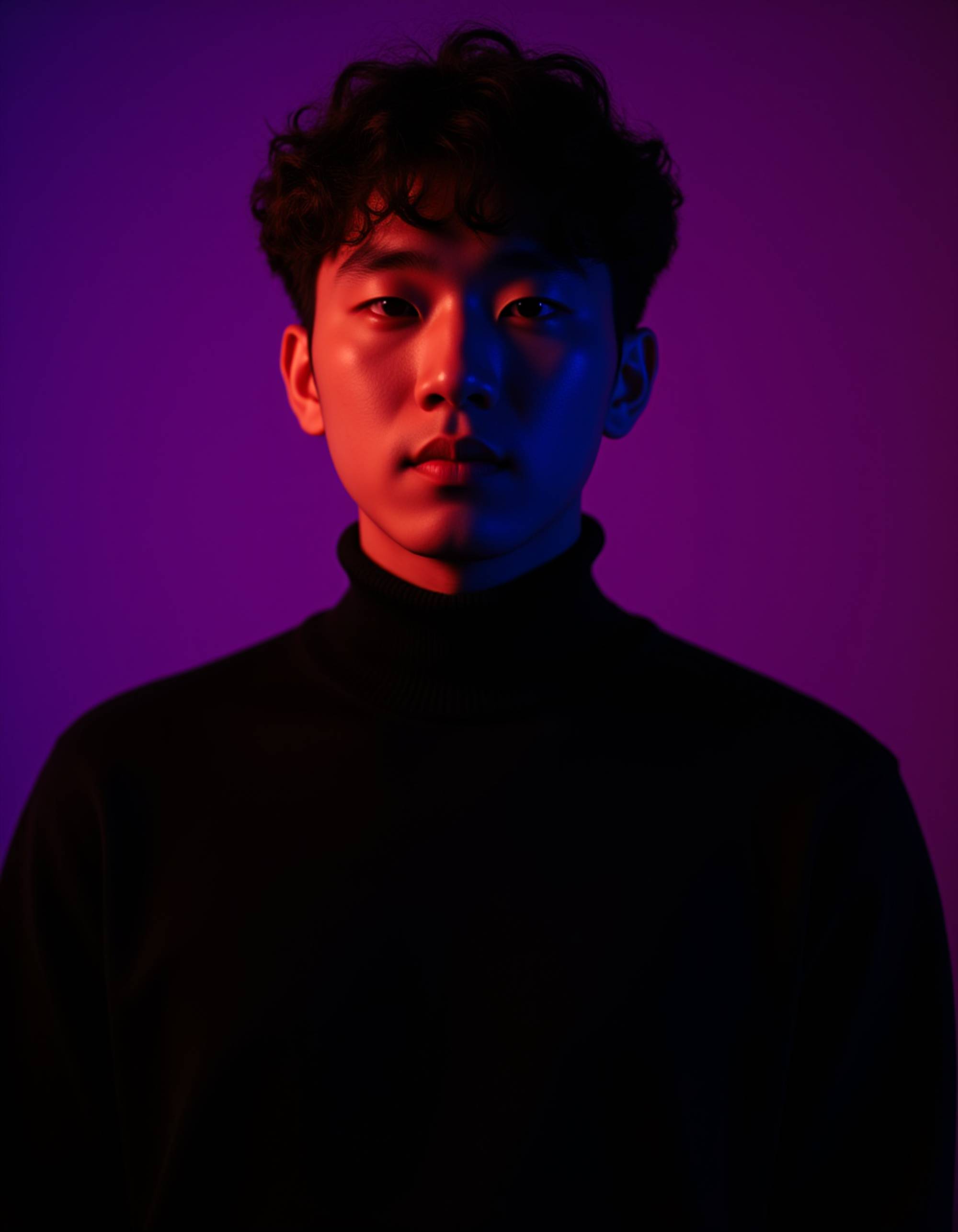 Studio portrait of a man in a black turtleneck, head tilted slightly back, eyes closed. Dramatic RGB lighting with purple and orange hues washing over his features from above and below. Strong shadows define his facial structure. Moody, introspective atmosphere with film noir undertones