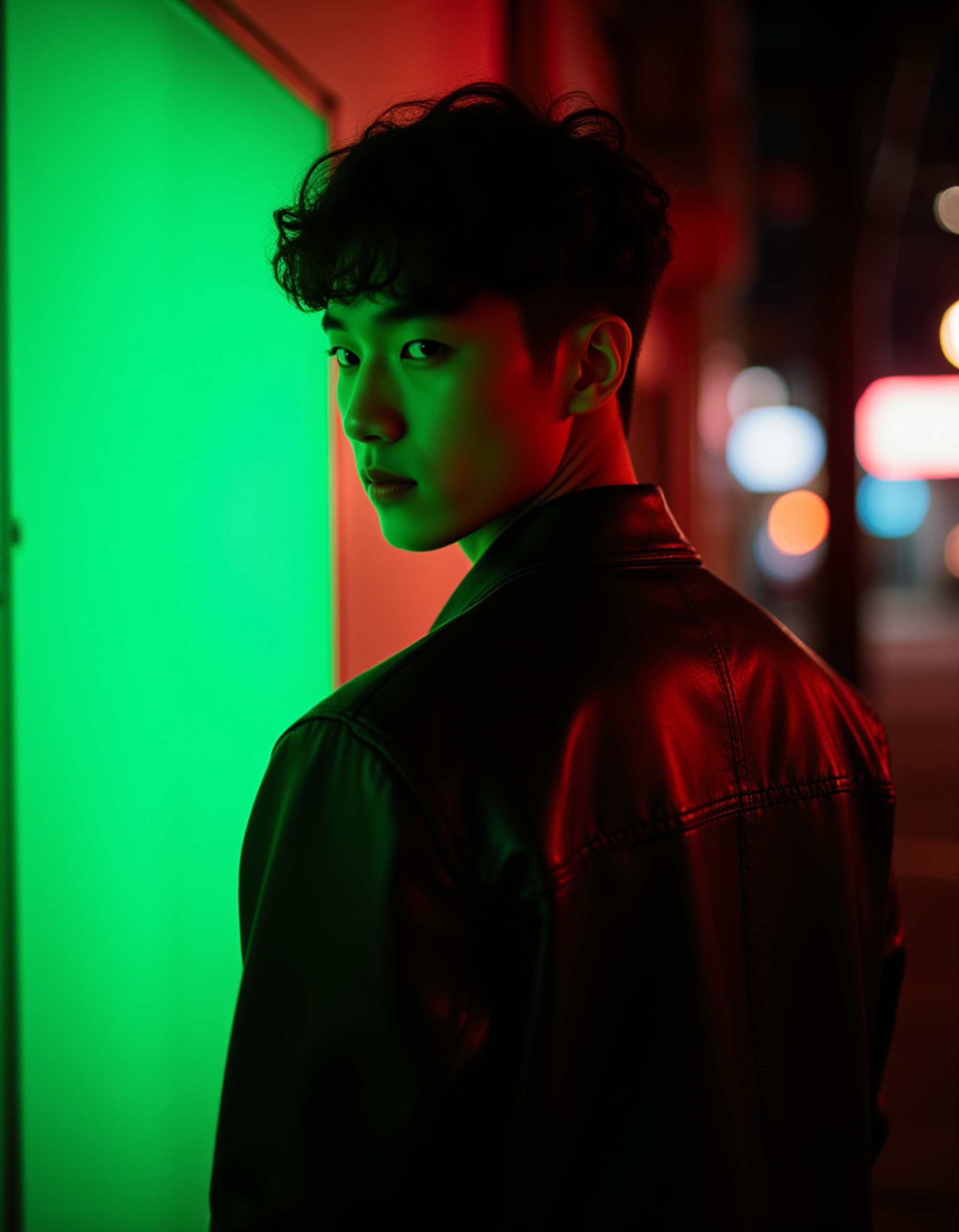 Three-quarter portrait of a man with tousled hair, backlit by vivid green neon while a warm red key light illuminates one side of his face. He looks off-camera with a contemplative expression. Wearing a leather jacket. Dark urban background with soft bokeh, cyberpunk aesthetic