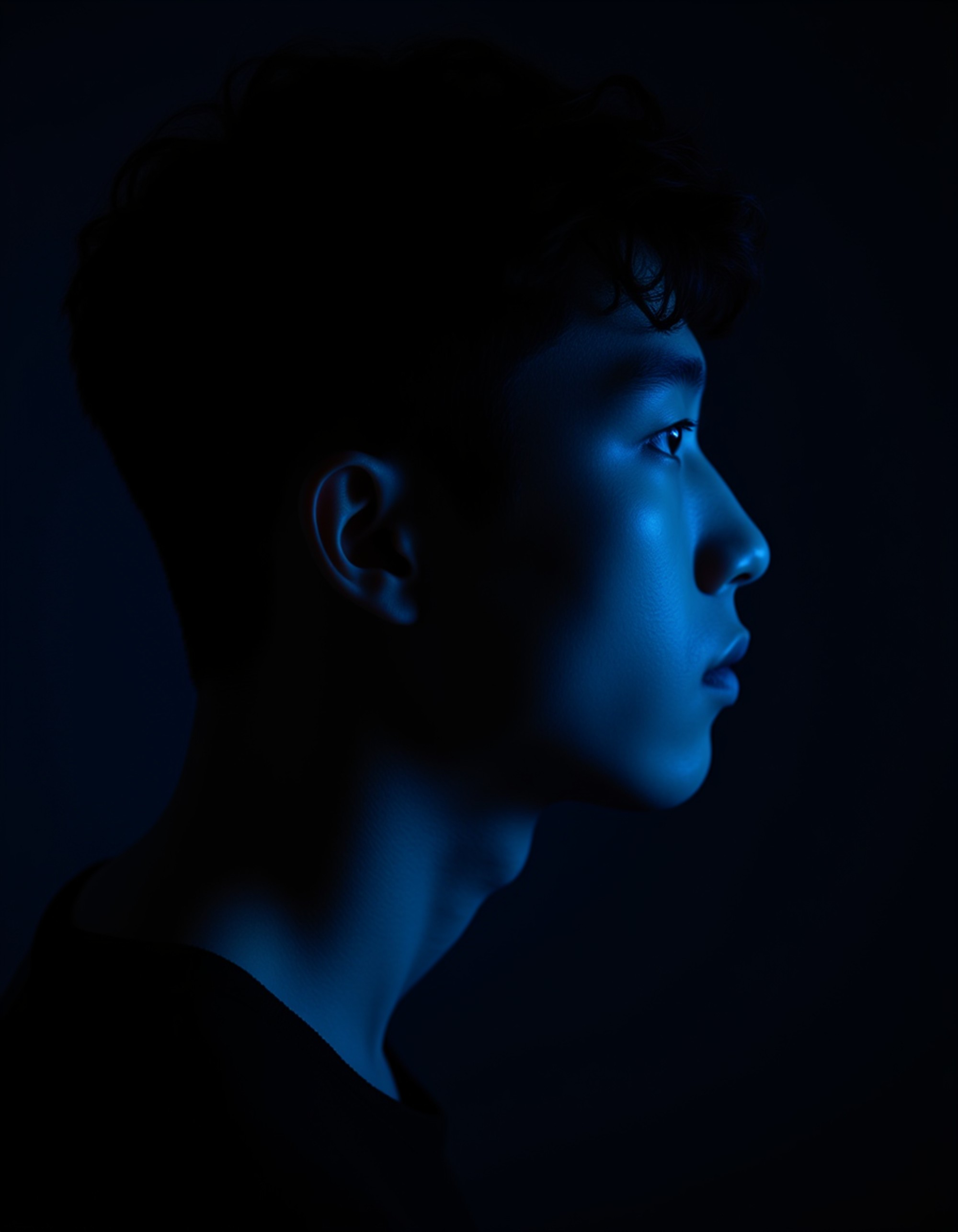 Dramatic profile portrait of a man emerging from shadows, illuminated by a single blue gel light that sculpts his features.Strong contrast between cool highlights and deep blacks. Minimalist composition with negative space. Cinematic, mysterious, fine art photography style