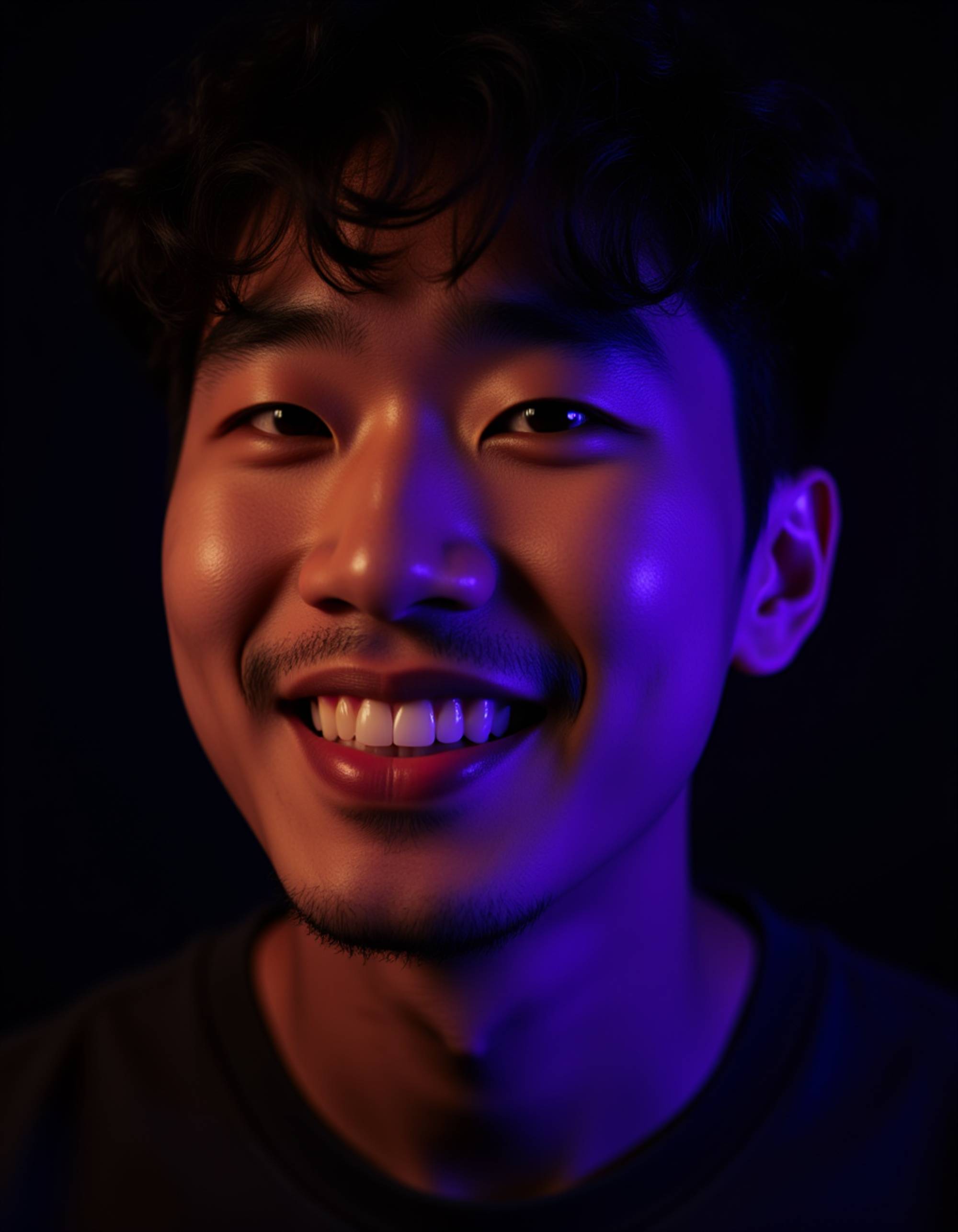 Close-up portrait of a man with facial stubble, lit by overlapping red and teal colored lights creating vibrant purple where they blend. He has a slight smirk and relaxed confidence. Water droplets visible on his skin catching the colorful light. Dark background, high contrast, magazine editorial quality