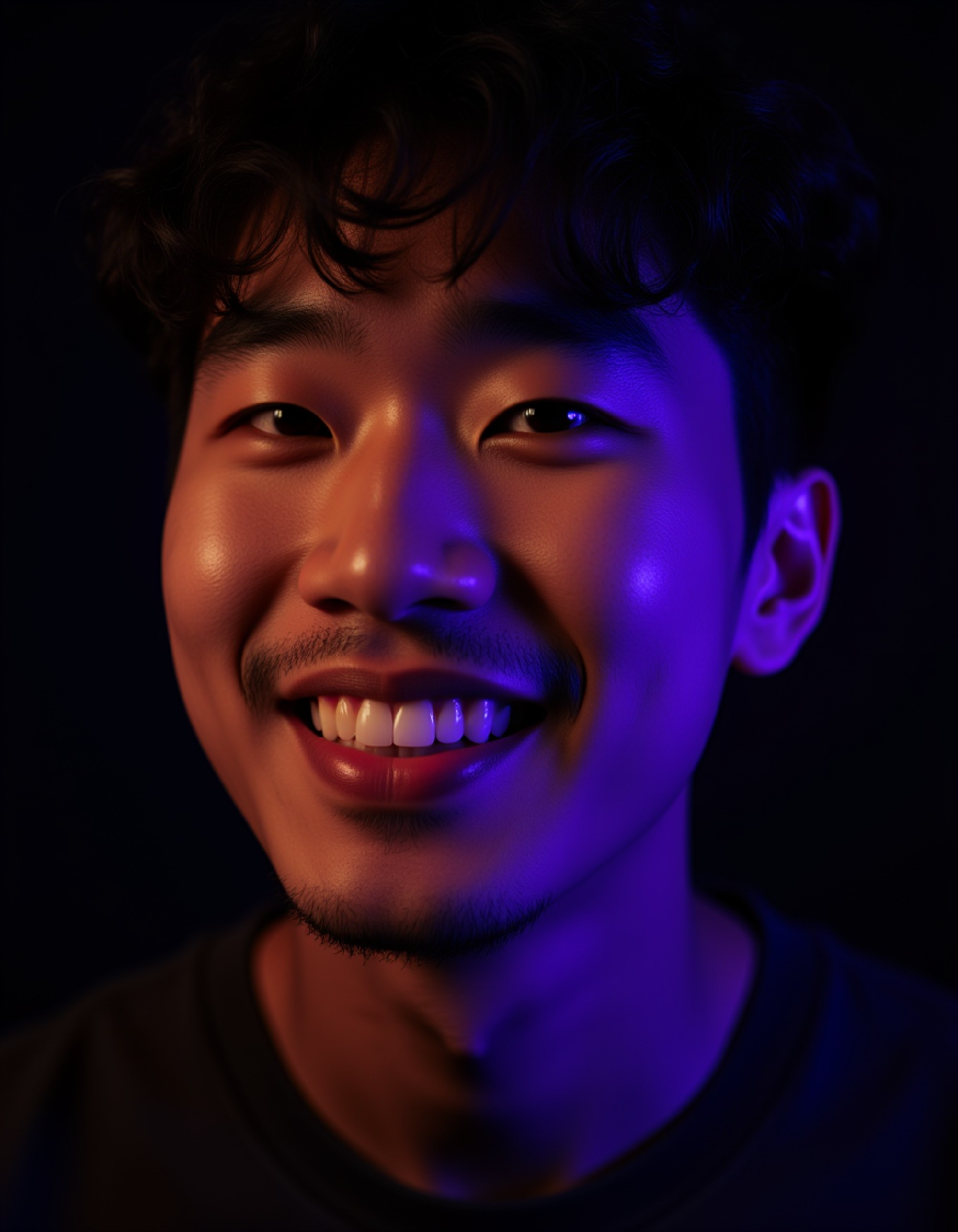 Close-up portrait of a man with facial stubble, lit by overlapping red and teal colored lights creating vibrant purple where they blend. He has a slight smirk and relaxed confidence. Water droplets visible on his skin catching the colorful light. Dark background, high contrast, magazine editorial quality