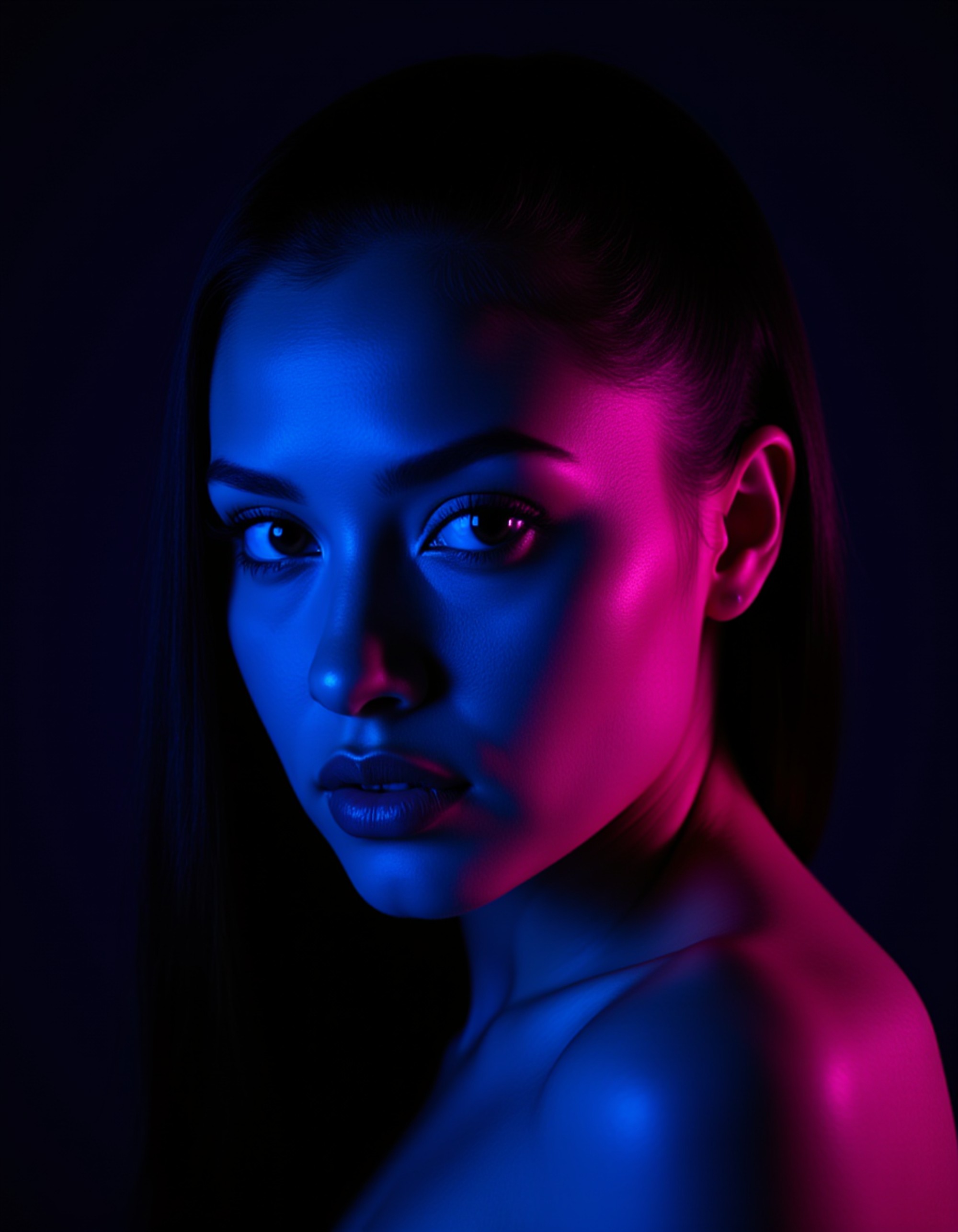 Close-up portrait of a model with sleek pulled-back hair, illuminated by dramatic cyan and magenta RGB lighting from opposite angles. She has sharp cheekbones and an intense, piercing gaze directly at camera. Minimal dark background. High-contrast cinematic style with vibrant color grading
