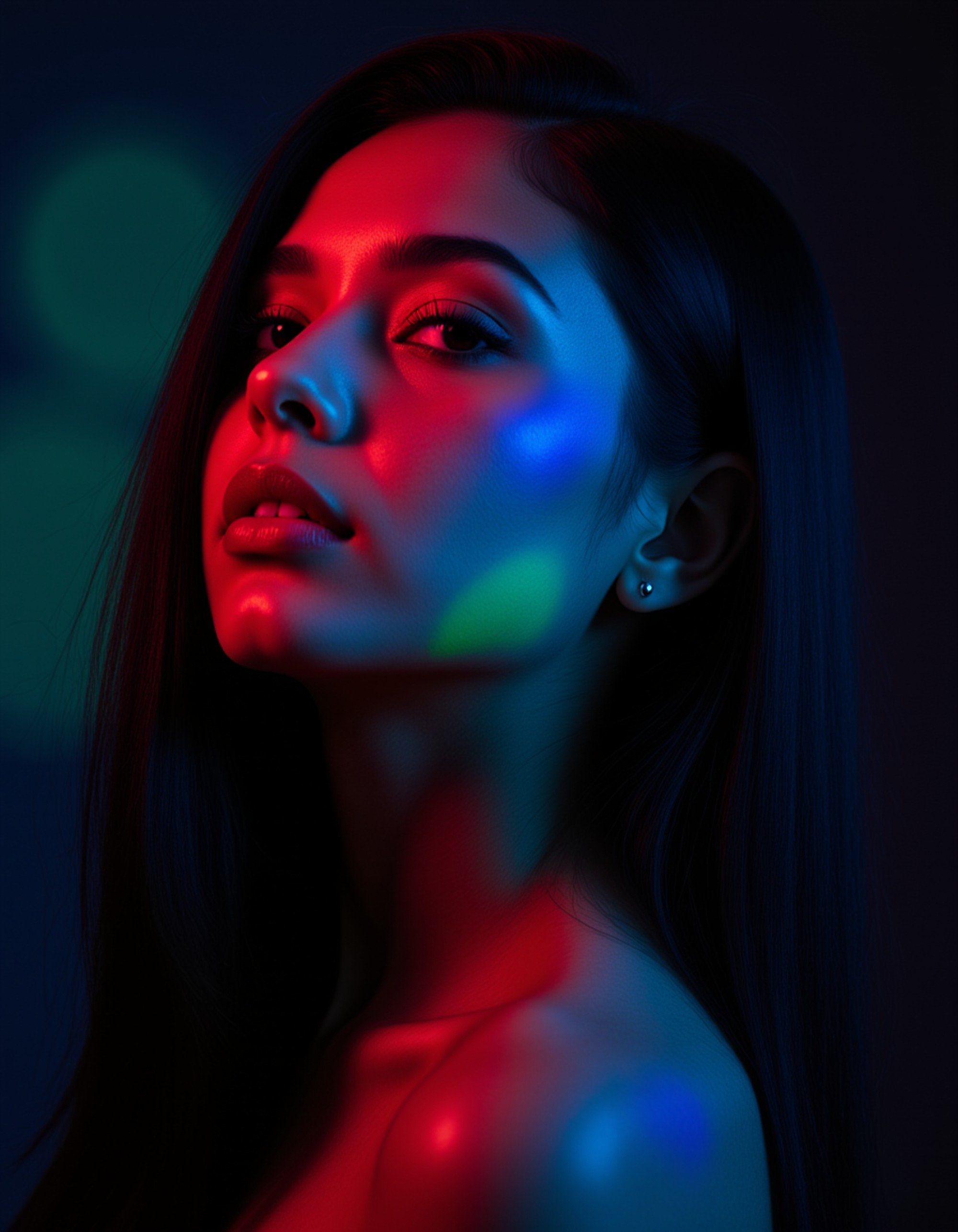 Studio portrait of a model with flowing hair, bathed in overlapping red, blue, and green gel lights creating a dreamy RGB glow across her face and shoulders. She looks upward with eyes closed, expression serene and ethereal. Dark atmospheric background, soft bokeh, fashion editorial aesthetic