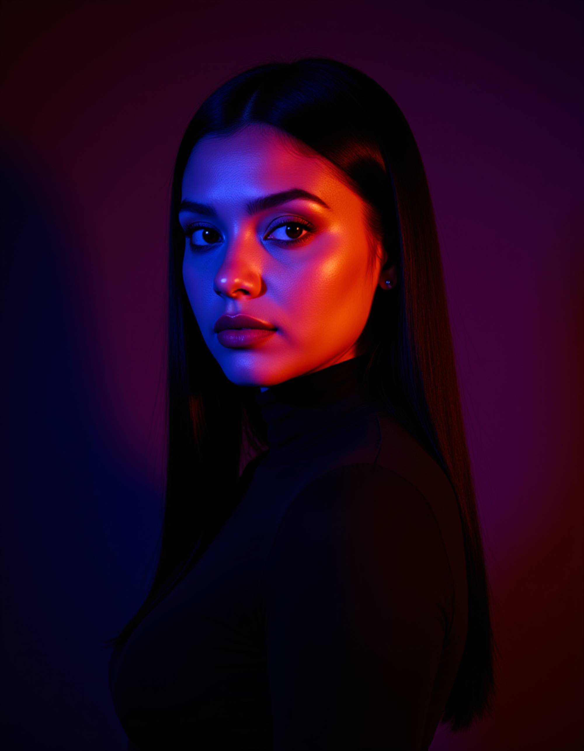 Dramatic three-quarter portrait of a model wearing a black high-neck top, lit by vivid purple and orange RGB gels that create bold shadows and highlights. She gazes over her shoulder with a mysterious, alluring expression. Dark moody background with cinematic depth and film noir influence