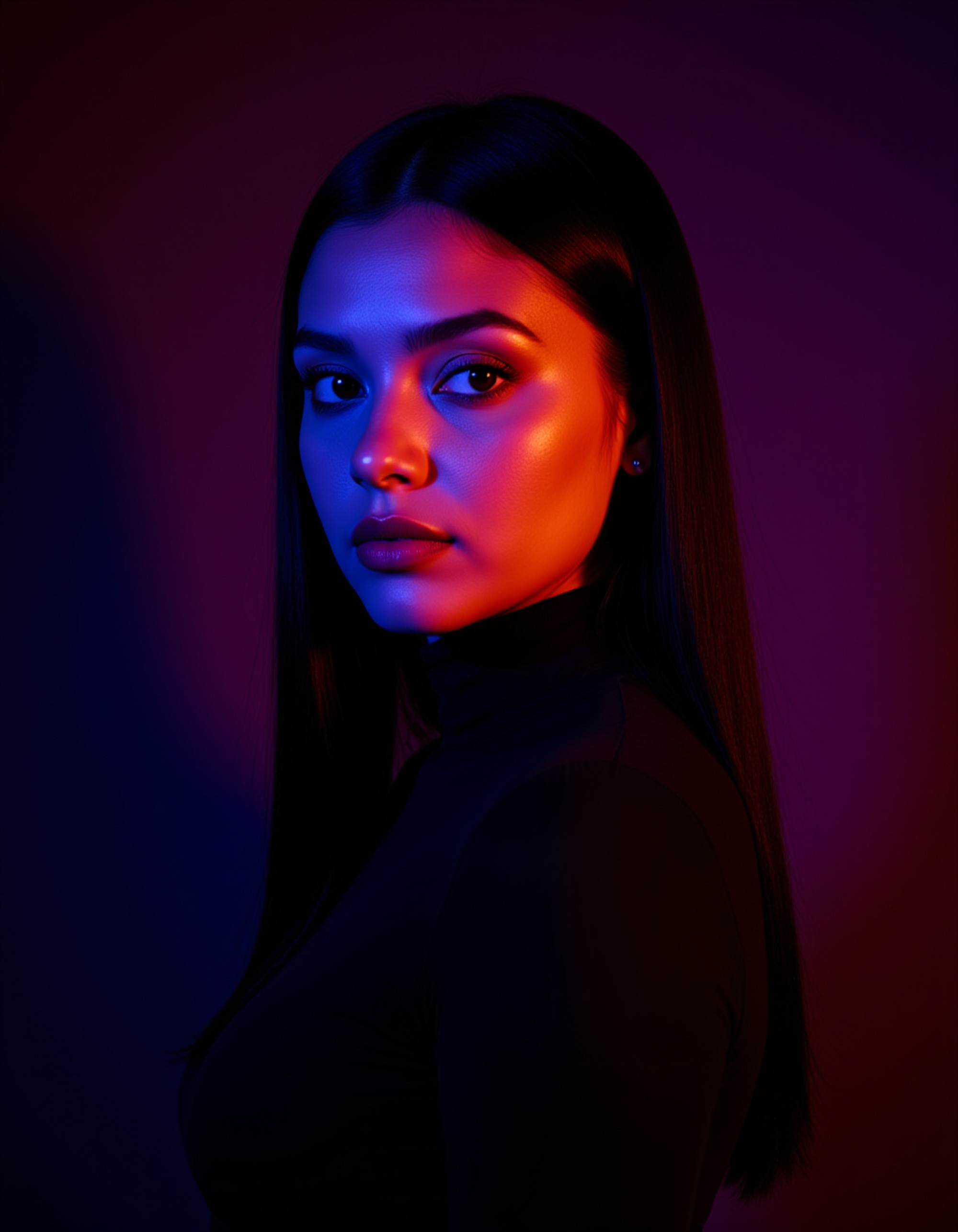 Dramatic three-quarter portrait of a model wearing a black high-neck top, lit by vivid purple and orange RGB gels that create bold shadows and highlights. She gazes over her shoulder with a mysterious, alluring expression. Dark moody background with cinematic depth and film noir influence