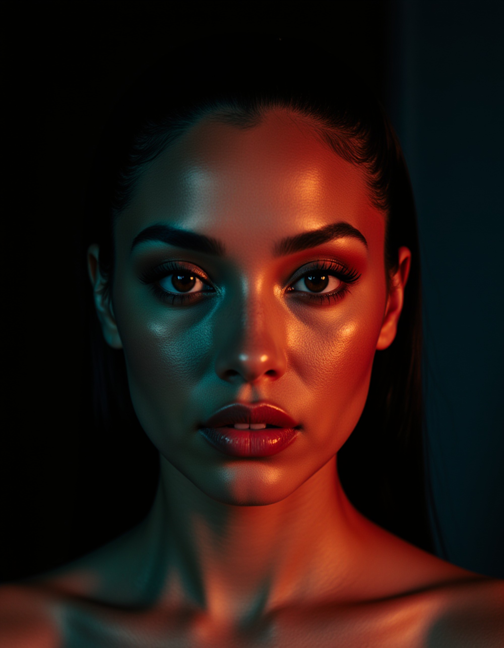 Close-up portrait of a model with wet hair slicked back, illuminated by contrasting teal and warm amber lighting that sculpts her features. She has glossy lips and an intense, confident stare. Water droplets catch the colorful light on her skin. Minimal dark background, high-fashion editorial style