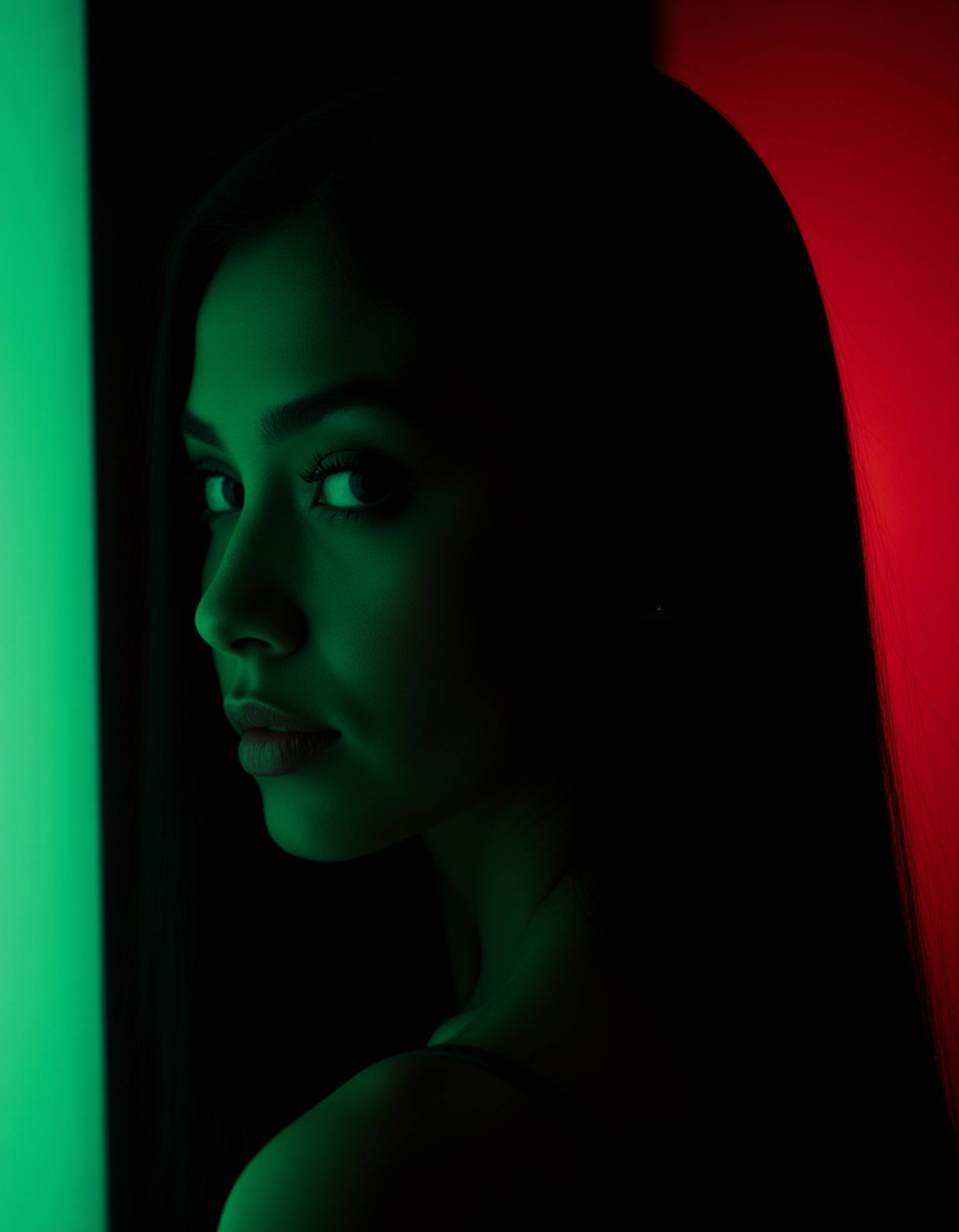 Profile portrait of a model emerging from deep shadows, lit by a single vivid green neon light from the side while subtle red backlighting creates a rim light effect. She has elegant bone structure and a contemplative expression. Dark minimalist composition with negative space, cinematic and artistic