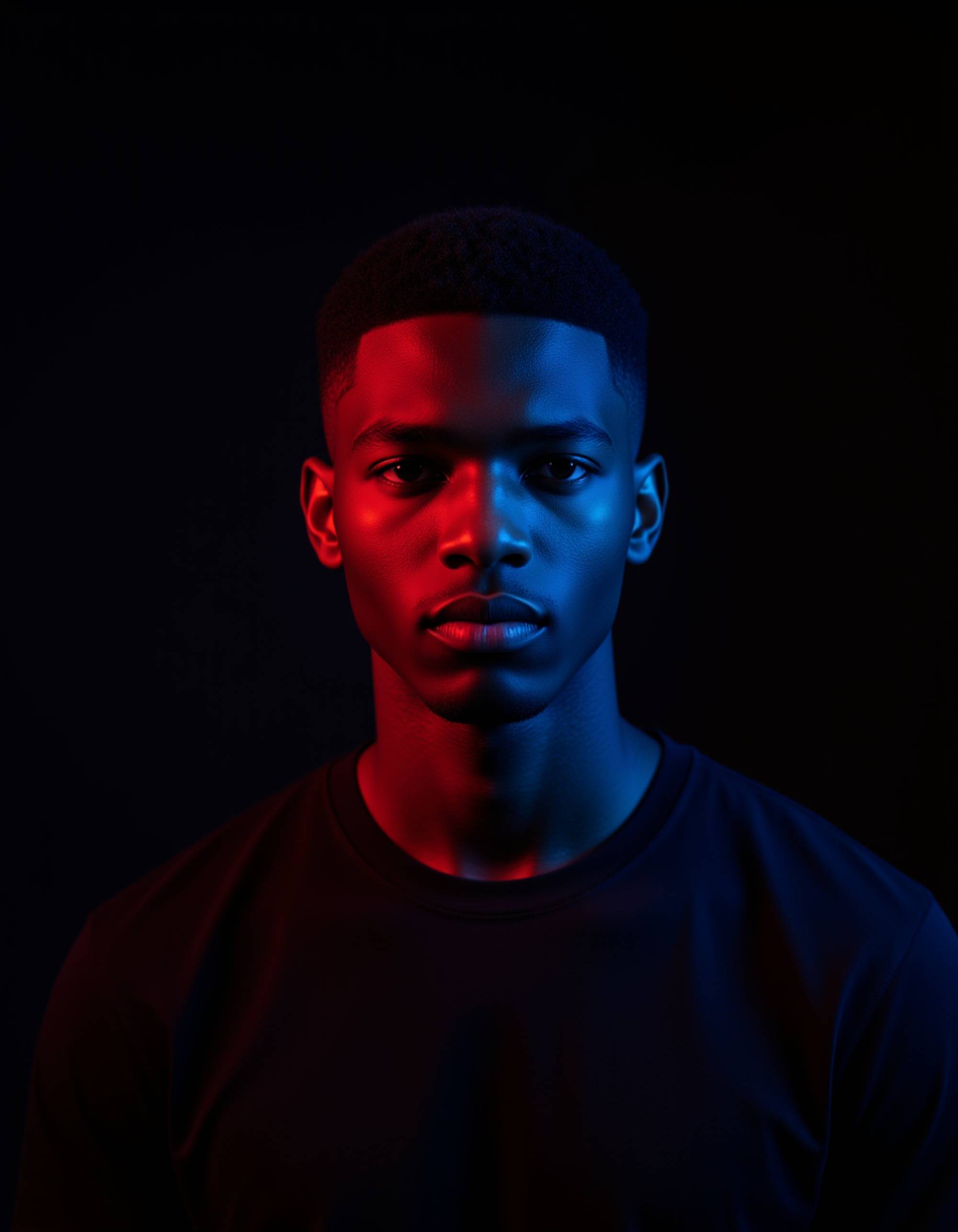 Studio portrait of a model with defined features, lit by vibrant blue and red RGB gels creating a bold color separation across his face. He has a strong, stoic expression with eyes looking slightly off-camera. Wearing a dark crew neck shirt. Minimal black background, cinematic and edgy with cyberpunk undertones