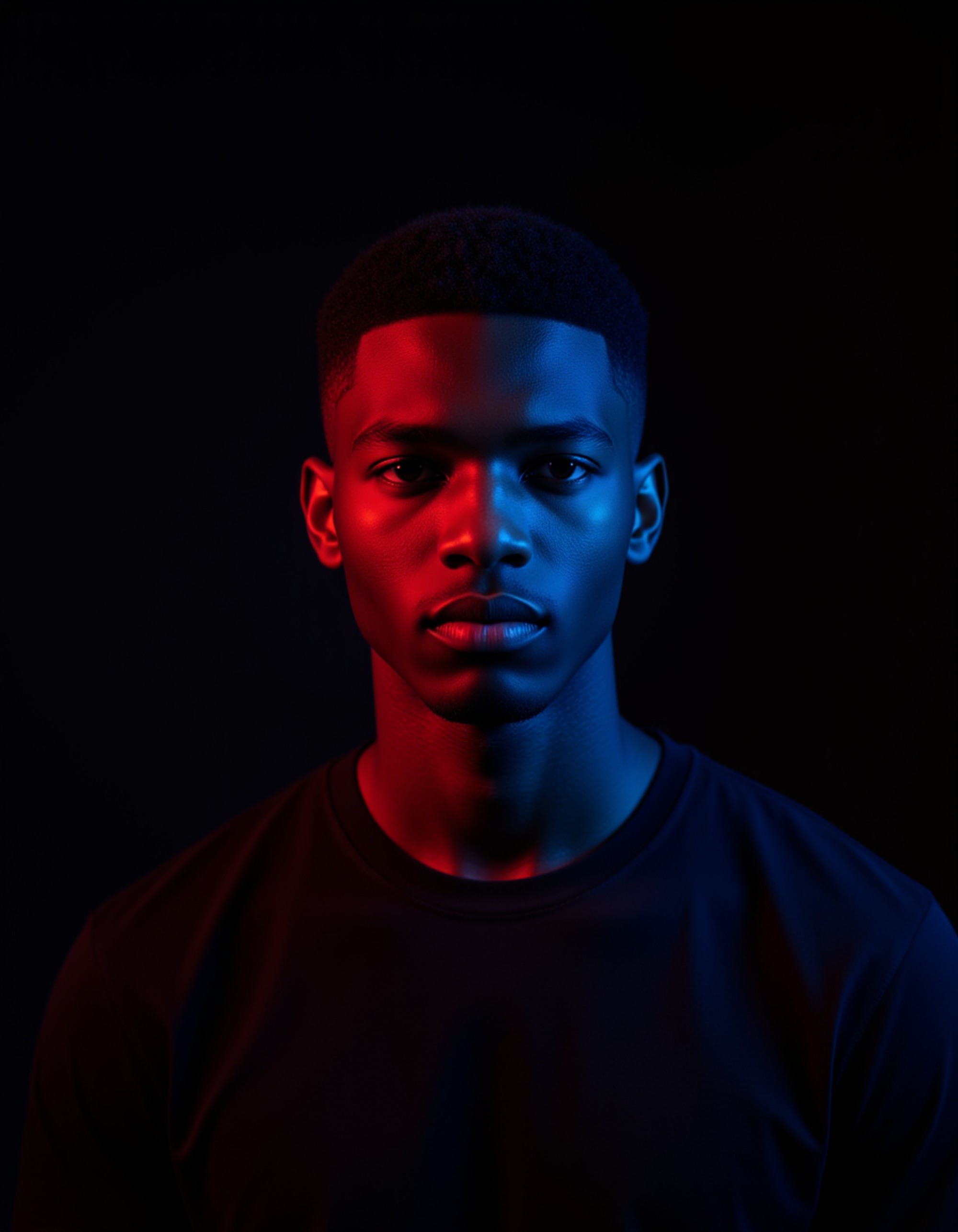 Studio portrait of a model with defined features, lit by vibrant blue and red RGB gels creating a bold color separation across his face. He has a strong, stoic expression with eyes looking slightly off-camera. Wearing a dark crew neck shirt. Minimal black background, cinematic and edgy with cyberpunk undertones