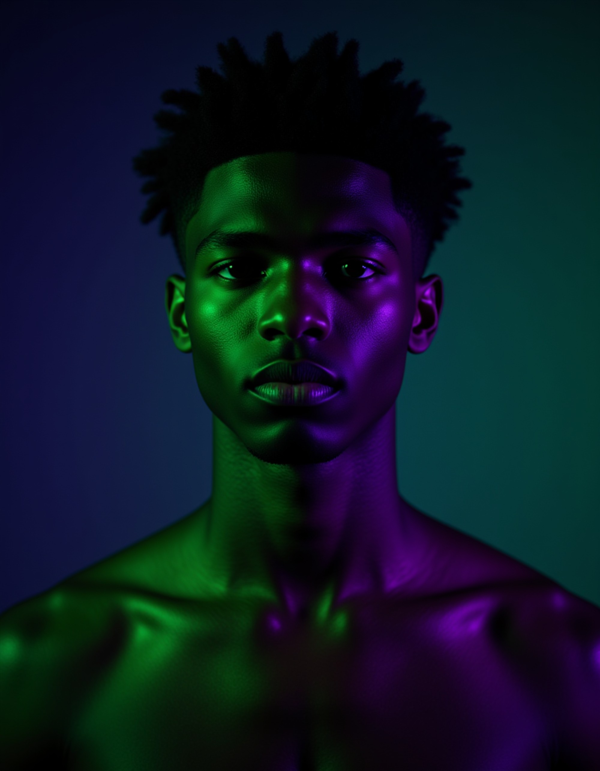 Close-up portrait of a model with textured hair, illuminated by overlapping green and purple lighting that creates an electric, futuristic glow on his skin. He has an intense forward gaze with slight tension in his expression. Dark atmospheric background with shallow depth of field, modern editorial aesthetic