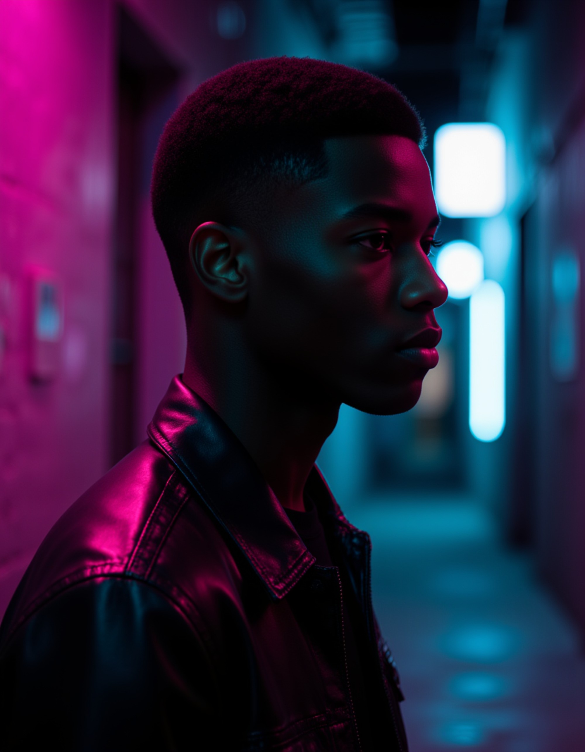 Dramatic portrait of a model in profile, backlit by vivid magenta neon while cool cyan light hits the front of his face. Strong shadows define his jawline and nose. He wears a leather jacket with collar up. Dark urban background, moody and cinematic with noir-inspired lighting
