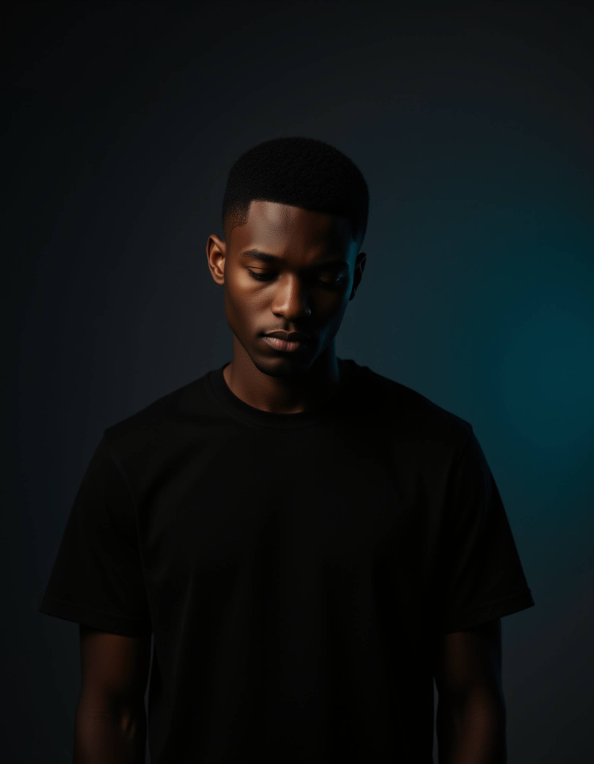 Three-quarter portrait of a model with a contemplative expression, lit by contrasting warm orange and cool teal RGB gels from different angles. He looks down slightly with relaxed confidence. Wearing a simple black t-shirt. Minimal dark background with soft gradient, high-contrast cinematic photography