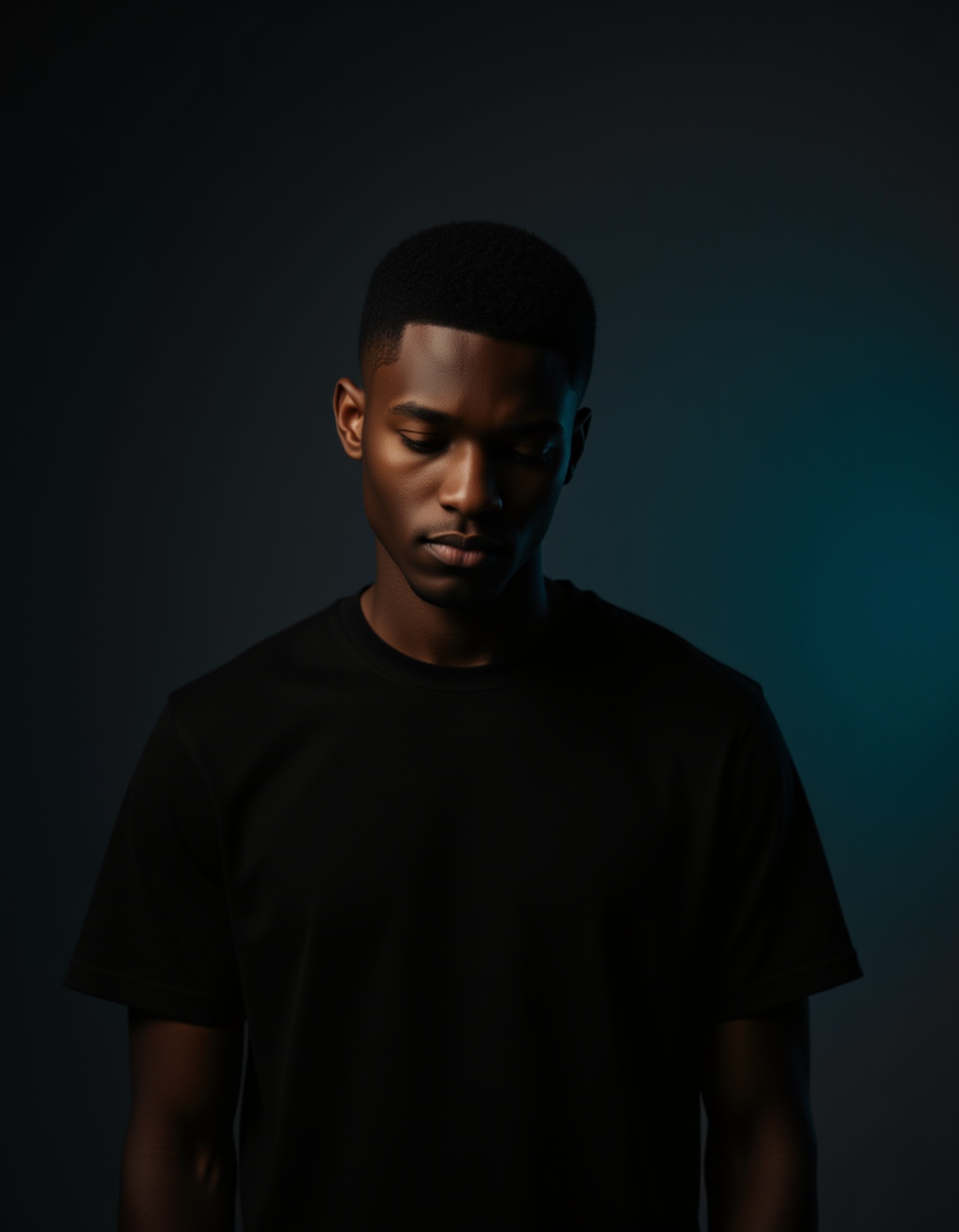 Three-quarter portrait of a model with a contemplative expression, lit by contrasting warm orange and cool teal RGB gels from different angles. He looks down slightly with relaxed confidence. Wearing a simple black t-shirt. Minimal dark background with soft gradient, high-contrast cinematic photography