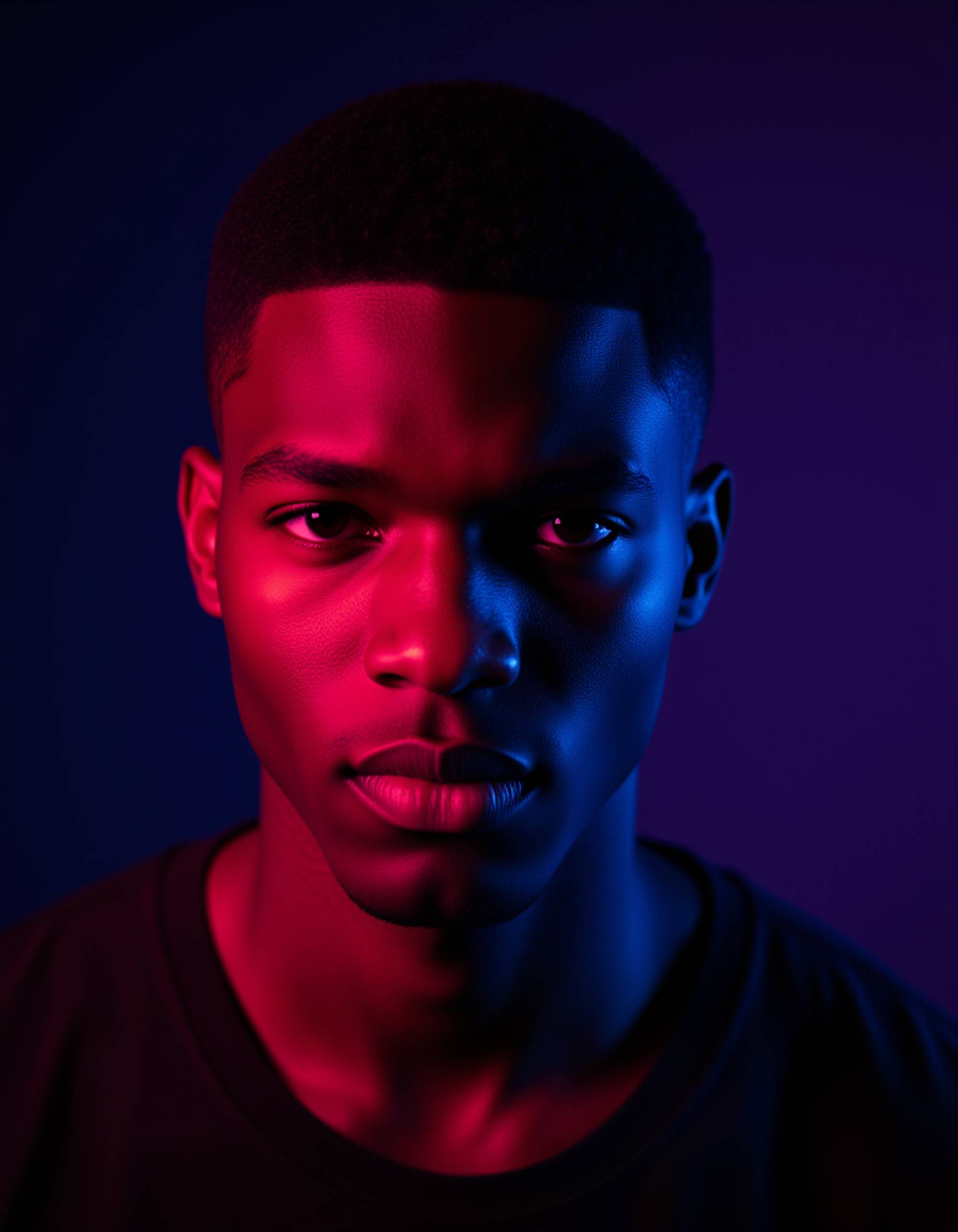 Close-up portrait of a model with sharp eyes and subtle facial hair, illuminated by intense red and blue lighting creating vibrant purple tones where colors blend. He has a slight smirk and direct eye contact with camera. Dark textured background with film grain, bold and striking editorial style
