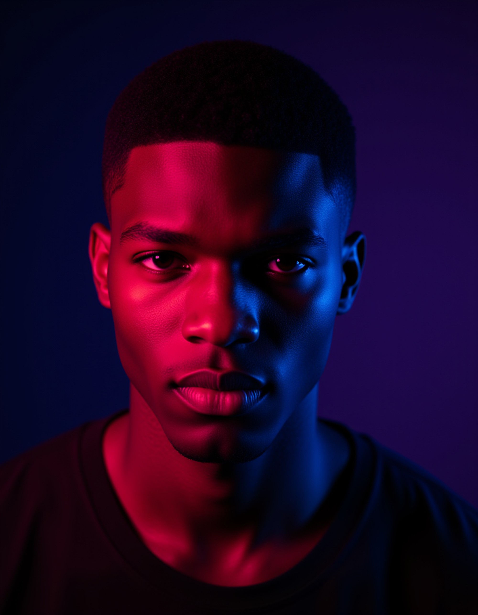 Close-up portrait of a model with sharp eyes and subtle facial hair, illuminated by intense red and blue lighting creating vibrant purple tones where colors blend. He has a slight smirk and direct eye contact with camera. Dark textured background with film grain, bold and striking editorial style