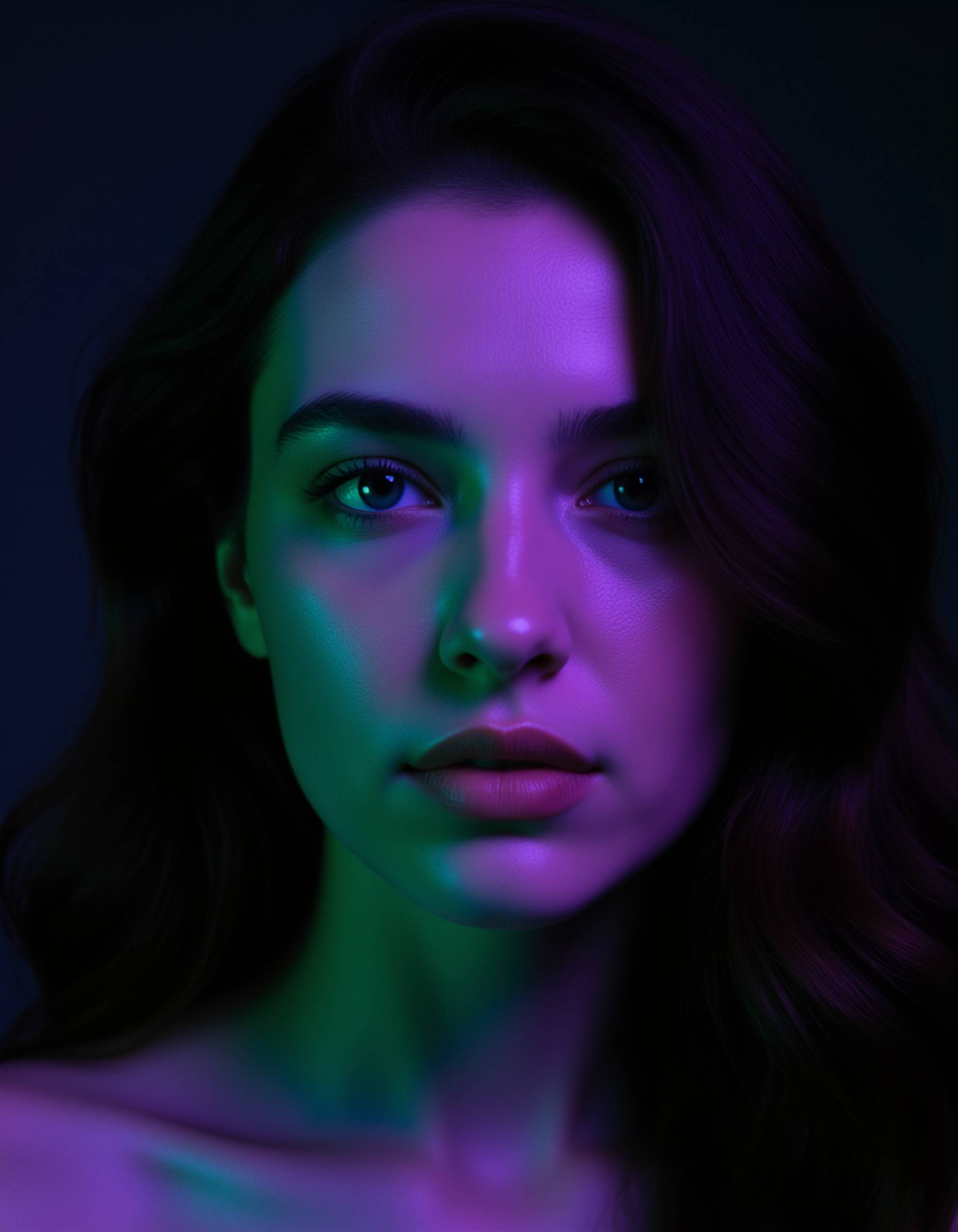 Close-up portrait of a model with windswept hair, lit by contrasting violet and lime green RGB gels that create a vibrant, electrifying effect across her face. She has a fierce, confident gaze directly at camera with slightly parted lips. Dark minimal background, bold and futuristic aesthetic with high color saturation