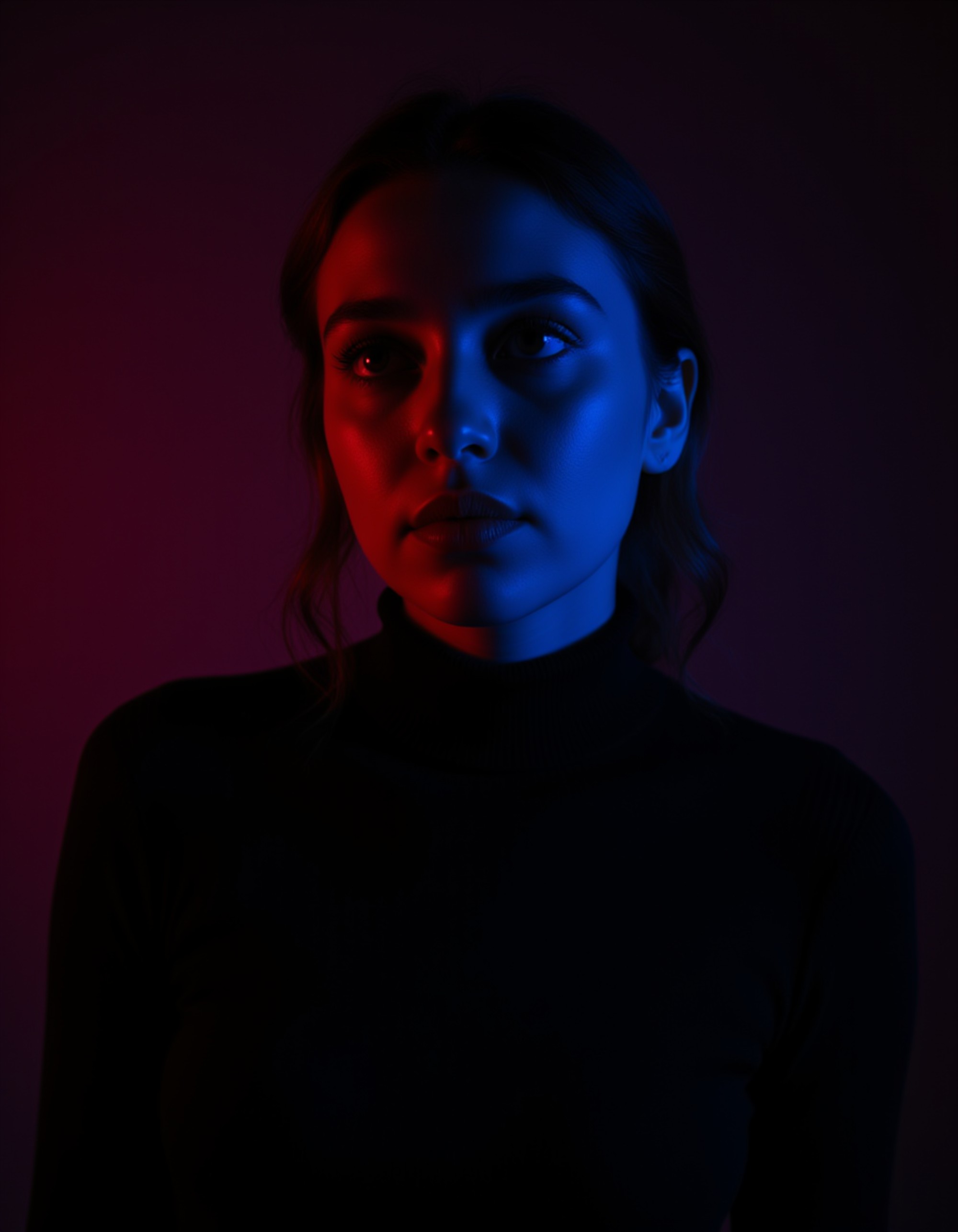 Dramatic studio portrait of a model wearing a black turtleneck, illuminated by warm red and cool blue lighting from opposing sides. She looks to the side with a pensive, mysterious expression. Strong shadows sculpt her features. Dark atmospheric background with cinematic depth and moody film noir styling