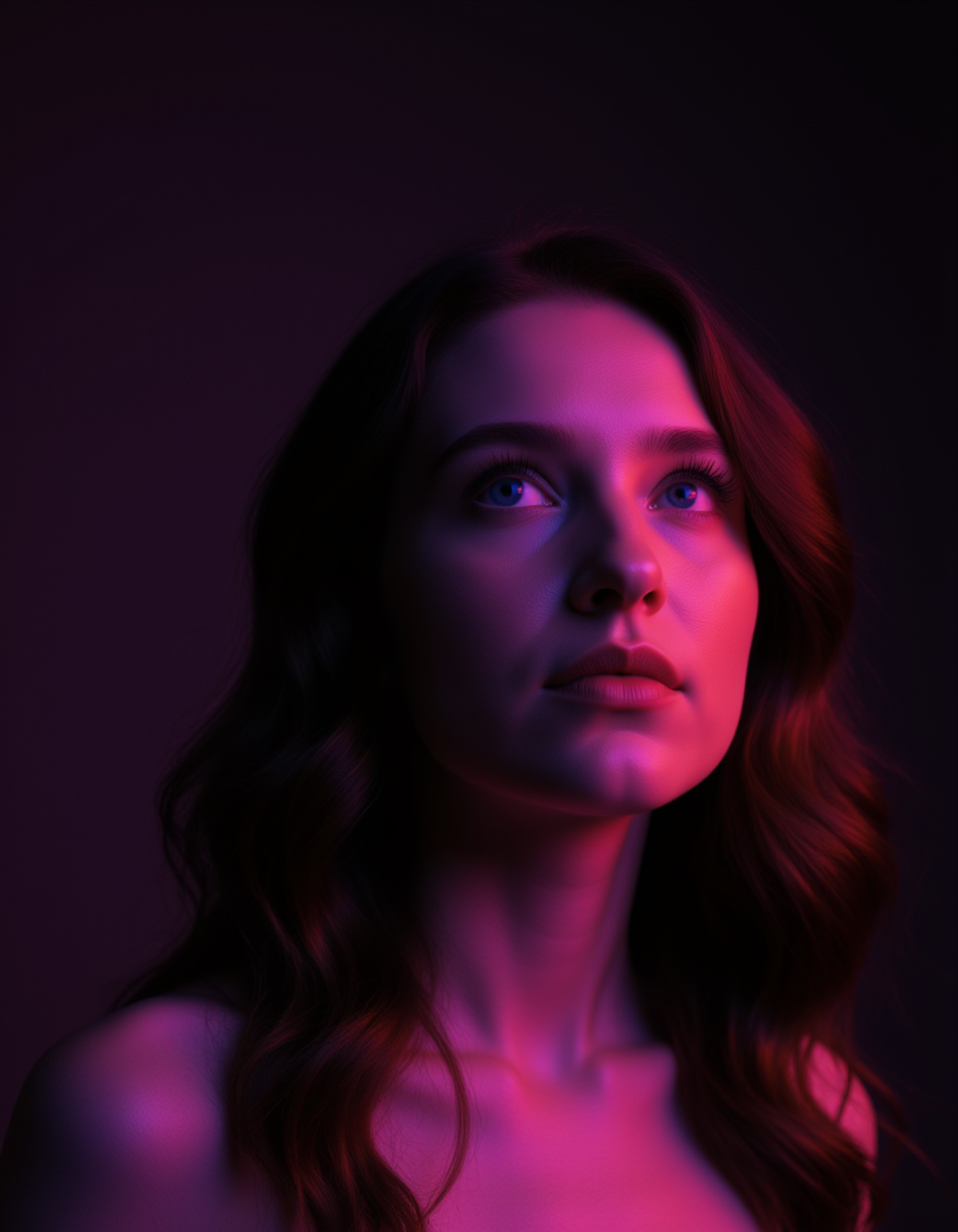 Three-quarter portrait of a model with loose waves, bathed in overlapping cyan and amber RGB lights creating rich purple midtones. She tilts her head back slightly with eyes half-closed in a dreamy, ethereal expression. Minimal dark background with soft bokeh, artistic and editorial