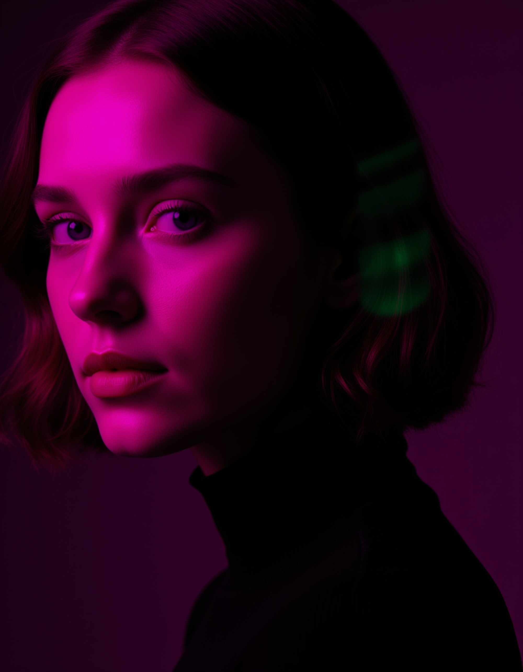 Profile portrait of a model with sleek hair, backlit by intense magenta neon while a sharp green key light illuminates one side of her face. She has elegant features and a calm, introspective gaze. Wearing minimalist black clothing. Dark background with negative space, cinematic and fashion-forward