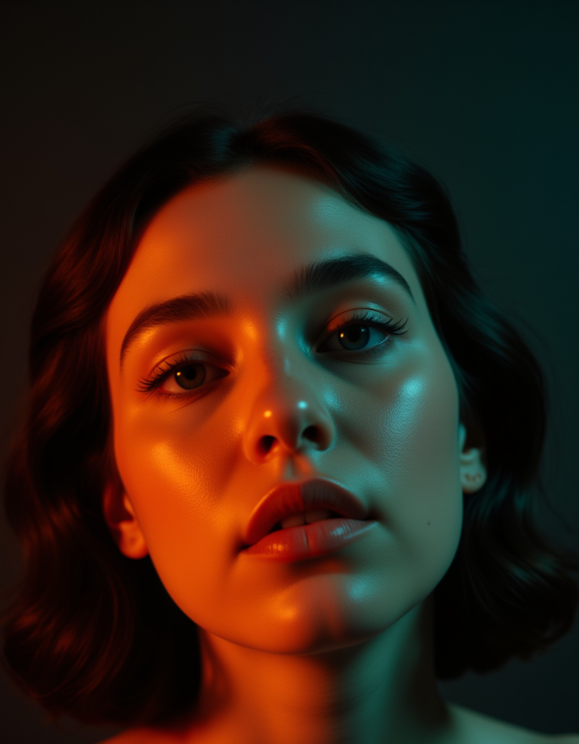 Close-up portrait of a model with dewy skin, lit by vibrant orange and teal RGB gels creating bold contrast and dimension. She has an intense, seductive stare with slightly raised chin. Glossy makeup catches the colorful light. Dark textured background, high-contrast with cyberpunk-inspired color grading