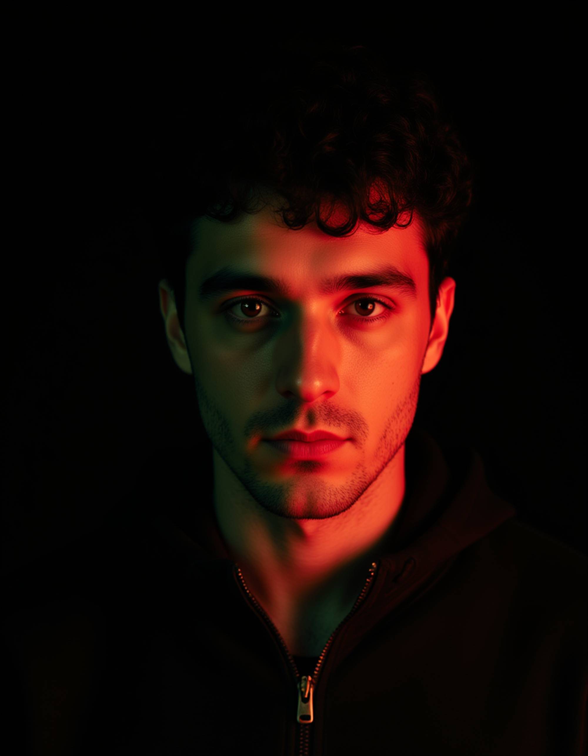 Studio portrait of a model with strong facial structure, illuminated by dramatic red and green RGB lighting from opposite angles creating bold color contrast. He has a confident, intense expression with direct eye contact. Wearing a dark zip-up jacket. Minimal black background, cinematic and edgy with vibrant color grading