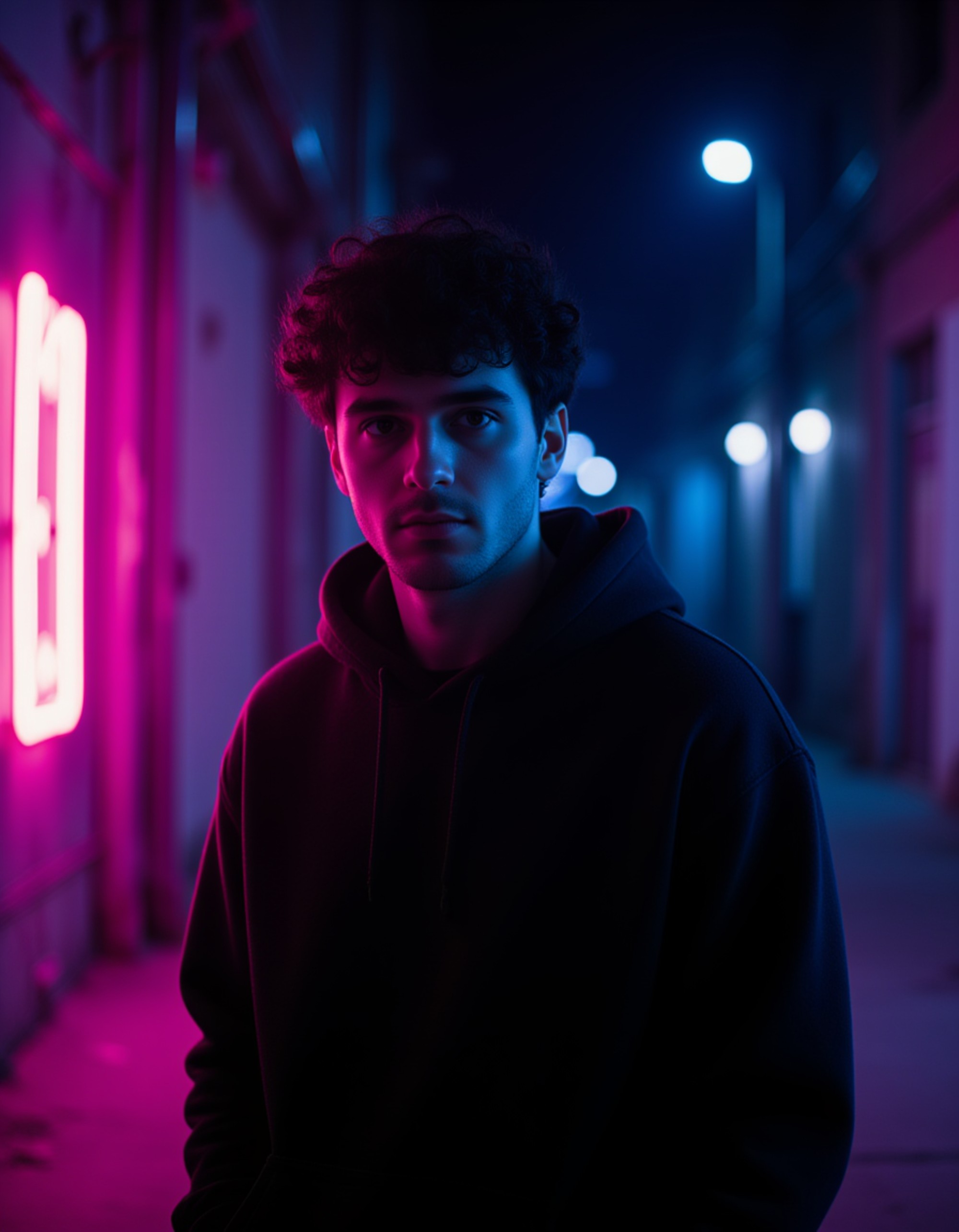 Dramatic three-quarter portrait of a model in a black hoodie, lit by vivid cyan backlight and warm magenta key light creating a neon-soaked aesthetic. He gazes off-camera with relaxed confidence. Strong rim lighting defines his silhouette. Dark urban background, cyberpunk-inspired with high contrast