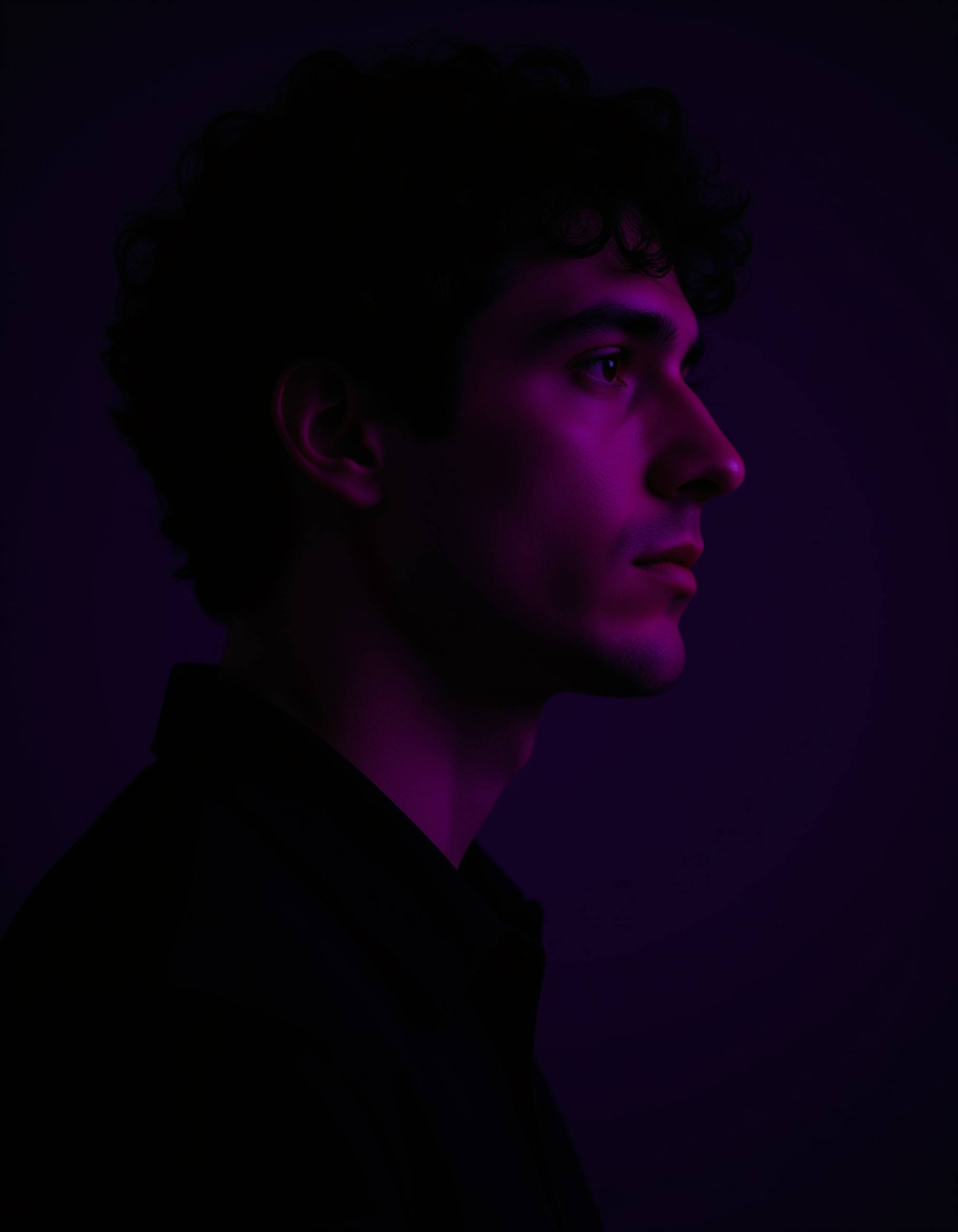Profile portrait of a model with defined jawline, illuminated by a single intense purple gel light from the side while subtle orange fill light adds depth. He has a serious, stoic expression looking into the distance. Minimal dark background with negative space, cinematic and noir-influenced