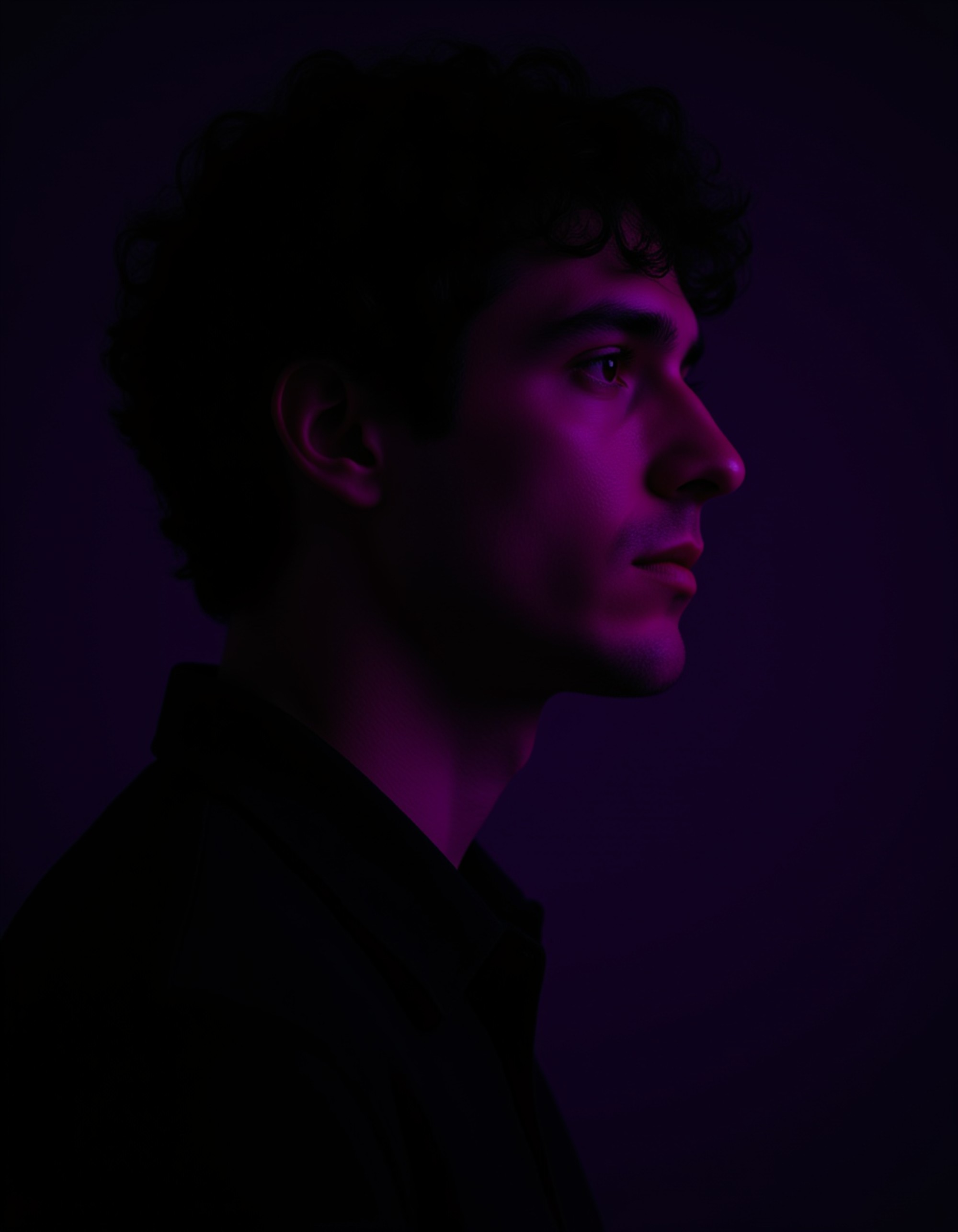 Profile portrait of a model with defined jawline, illuminated by a single intense purple gel light from the side while subtle orange fill light adds depth. He has a serious, stoic expression looking into the distance. Minimal dark background with negative space, cinematic and noir-influenced