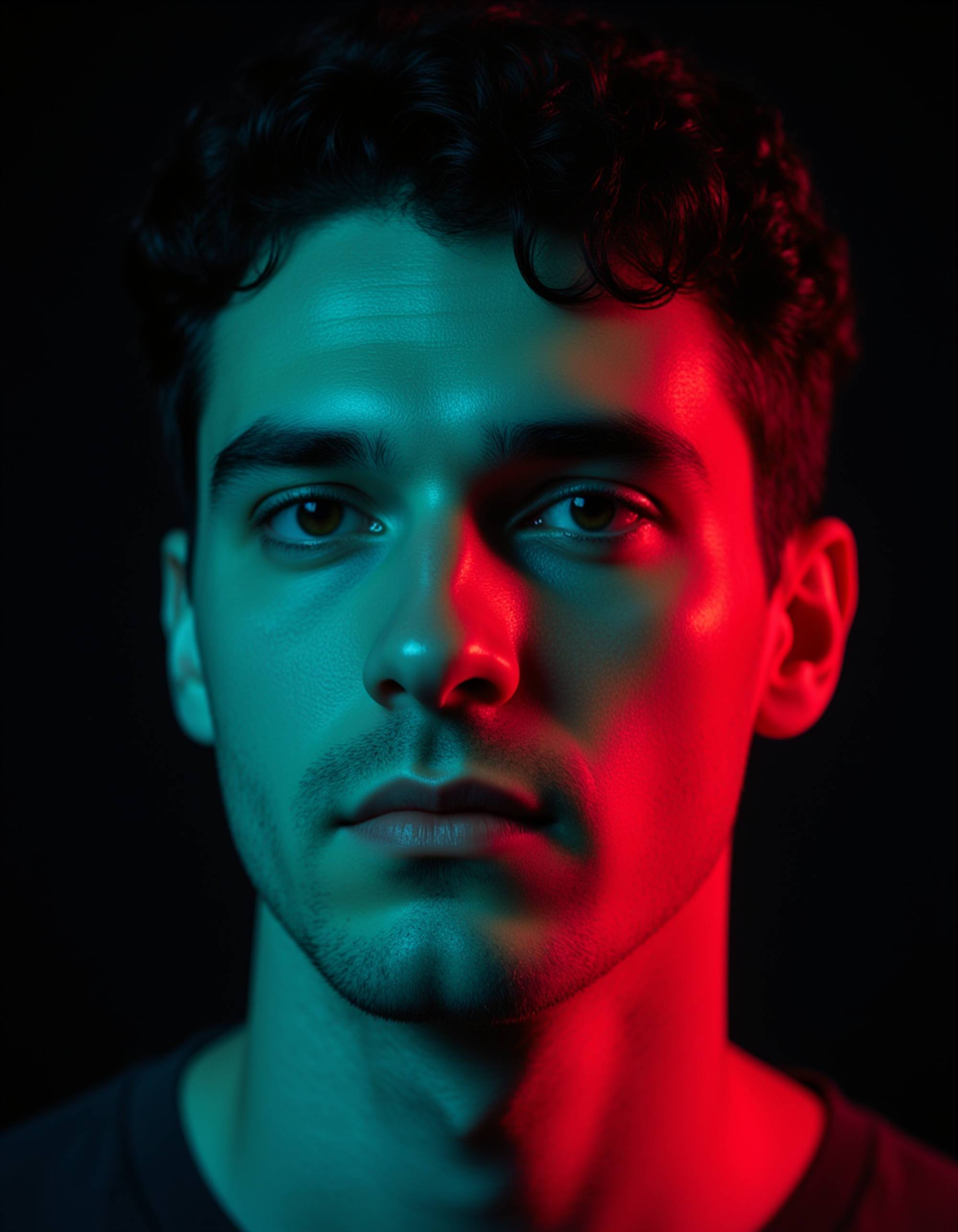 Close-up portrait of a model with wet slicked-back hair, lit by contrasting teal and red RGB gels creating vibrant color separation on his face. He has piercing eyes and a subtle smirk. Water droplets glisten on his skin catching the colorful light. Dark moody background, high-fashion editorial with dramatic lighting
